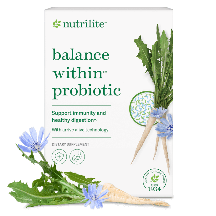 Box of Nutrilite Balance Within Probiotic dietary supplement with greens and blue flowers