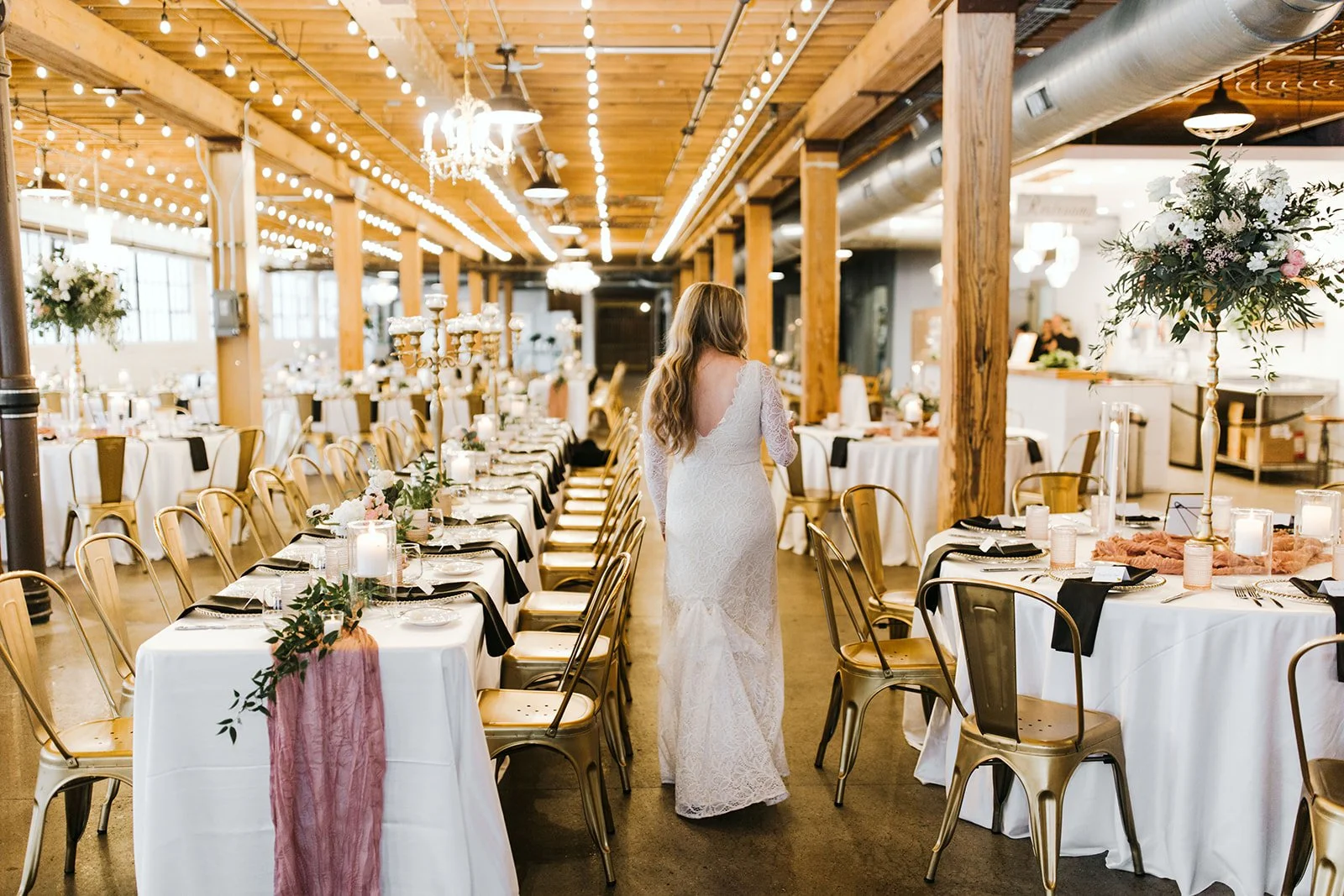 Wedding reception at The Cheney Place in Grand Rapids, Michigan with exposed brick and modern design details