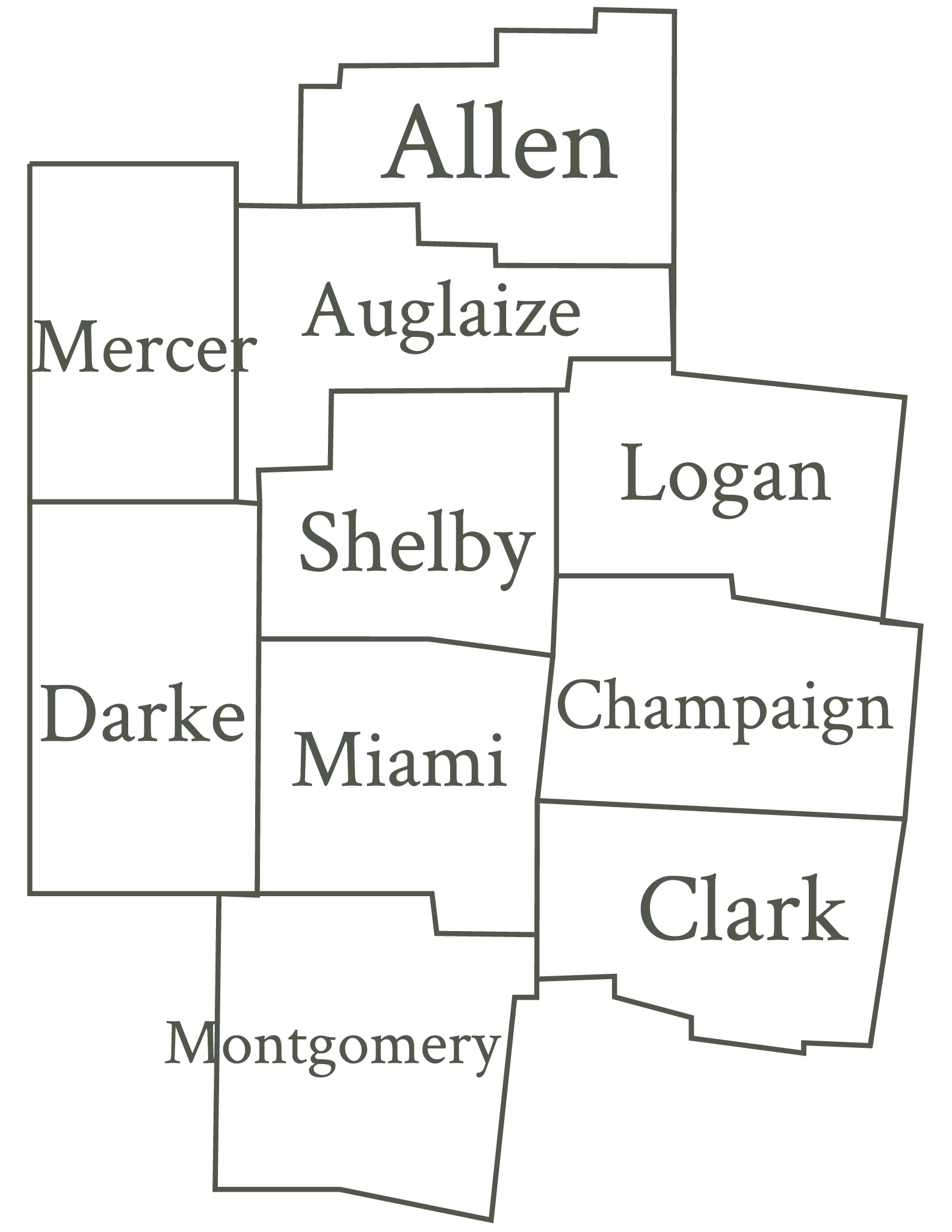 Map of Ohio counties within Mystical Rose Midwifery's service area including Allen, Auglaize, Shelby, Darke, Mercer, Miami, Logan, Clarke, Champaign, and Montgomery.