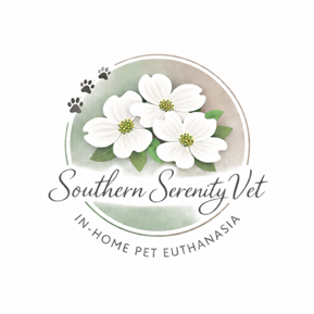 Logo for Southern Serenity Vet featuring white dogwood flowers and paw prints, with the text 'Southern Serenity Vet' and 'In-Home Pet Euthanasia'.