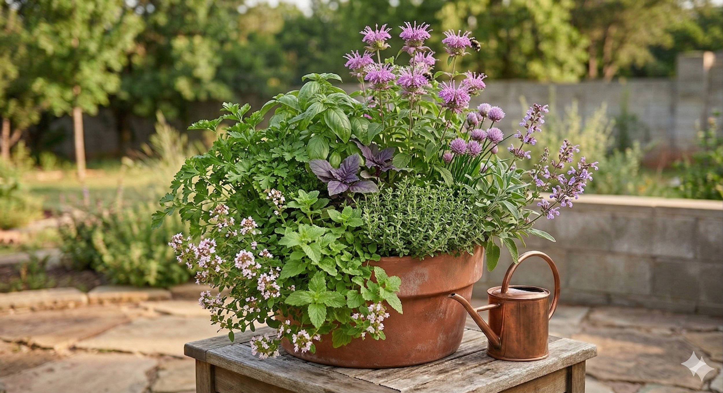 A large terracotta pot filled with various green plants and purple flowers, placed on a wooden table outdoors in a garden with a stone pathway and trees in the background.