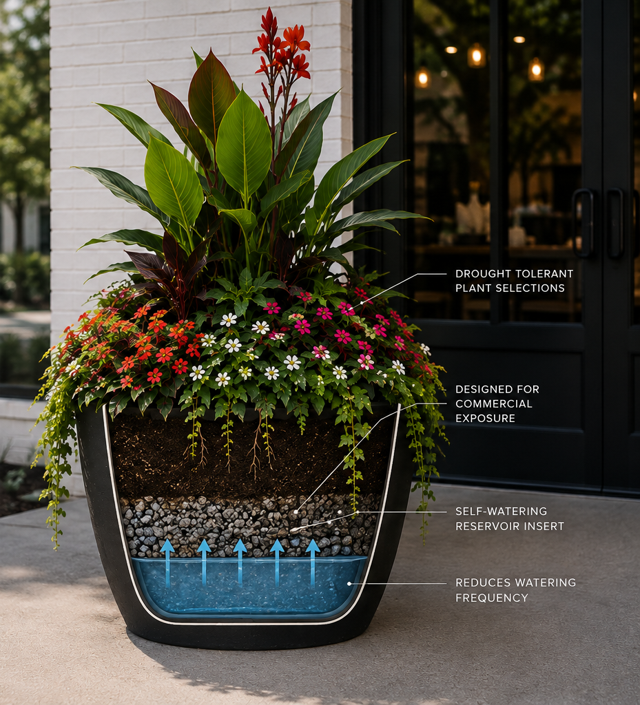 A large decorative planter with lush green plants, including red and white flowers, designed for commercial exposure. The planter features a self-watering reservoir with a water level indicator and drought-tolerant plant selection.