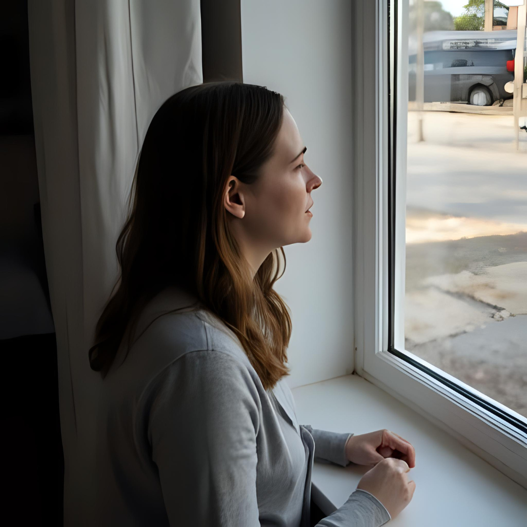 A woman with long brown hair looking out a window, sitting at a table in a room with white walls.
