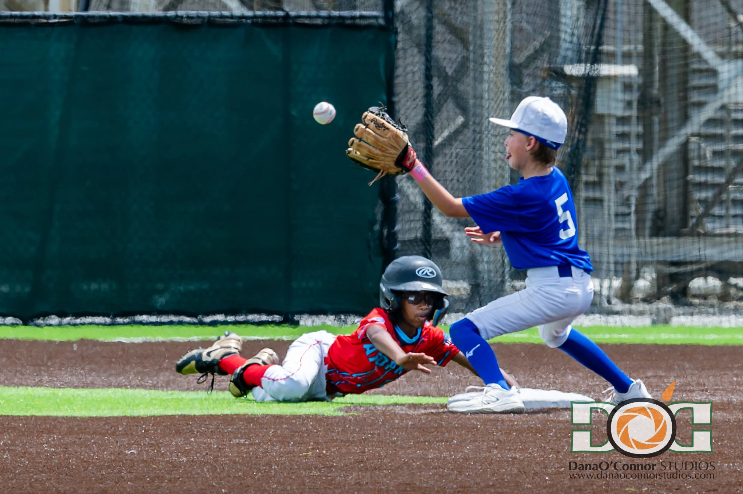 A young baseball player in a blue uniform and white cap catches a baseball with his glove during a game. A player in a red and black uniform is sliding into home plate on the ground, with the baseman reaching out. The scene is set on a baseball field