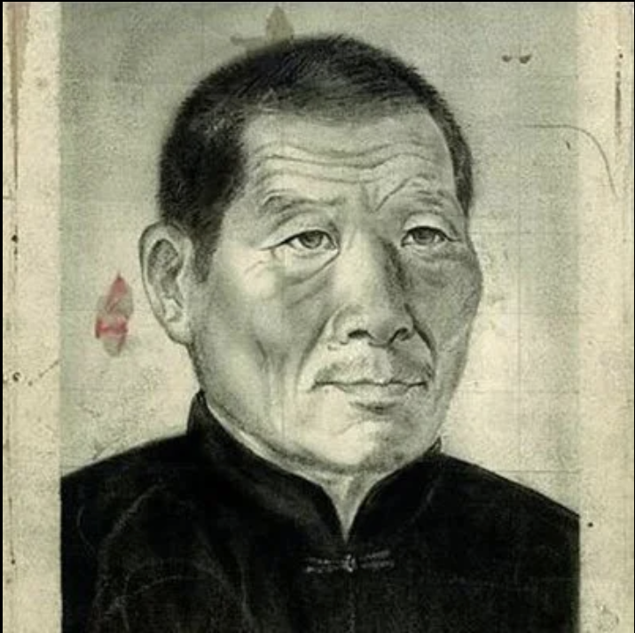 Black and white drawing of a man with short hair, wearing a black zip-up jacket, with a serious expression.