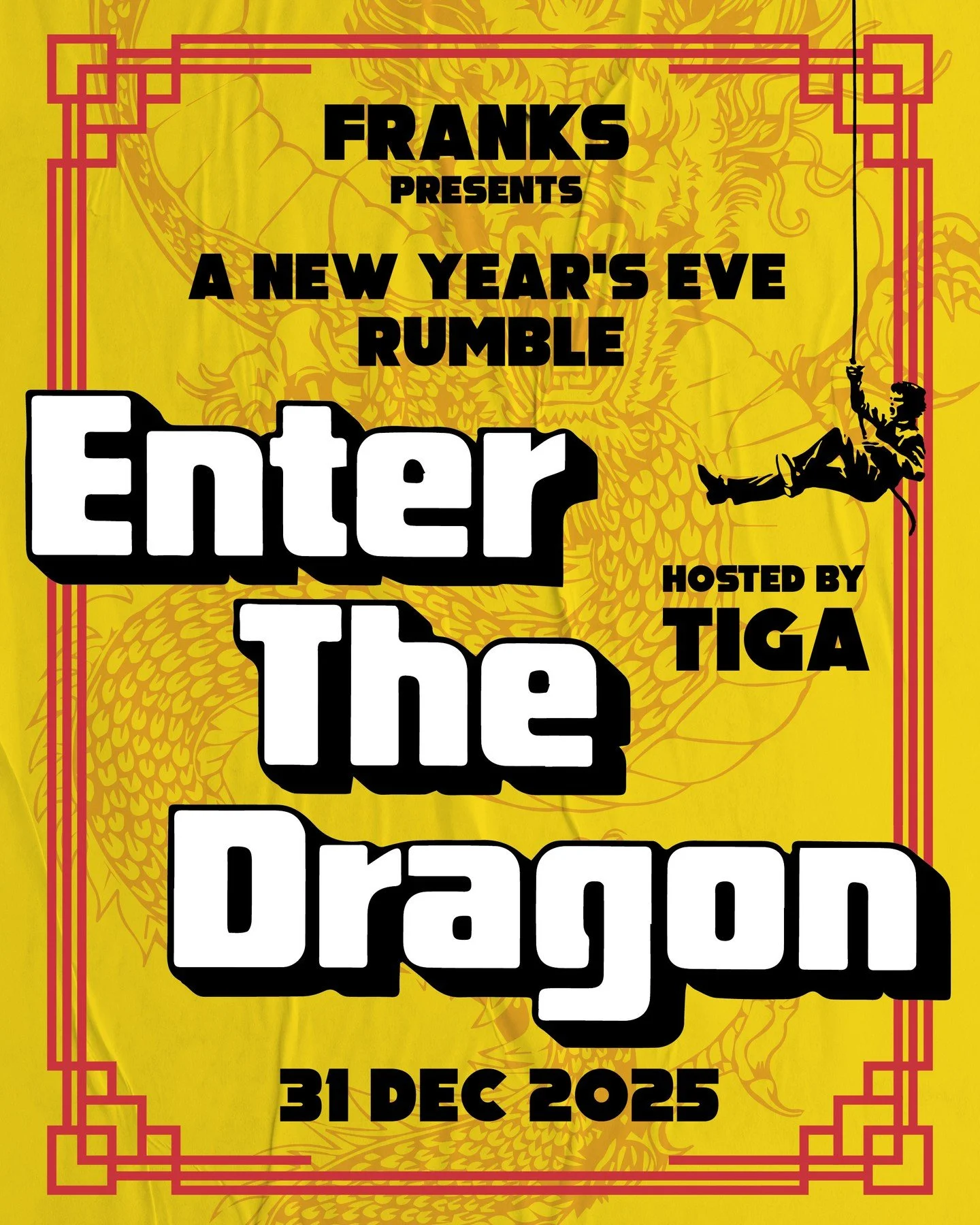 Franks NYE Hip-Hop &amp; RNB only ⁠
⁠
Enter the Dragon this NYE at Franks G/F, strictly Hip-Hop &amp; RNB all night no requests. ⁠
⁠
Hosted by DJ Tiga ⁠
10-late ⁠
No Cover charge