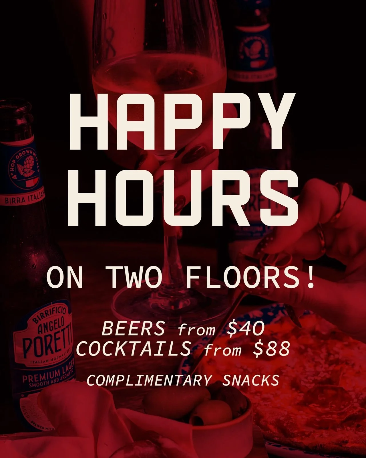 Two floors, different drinks &amp; food specials, different vibes.

G/F (5&ndash;8PM): Beer from $40, signature cocktails, pizzette special + antipasti
Order 4 drinks or more &rarr; Complimentary Antipasti Board! 

7/F FRANK&rsquo;S Records (6&ndash;