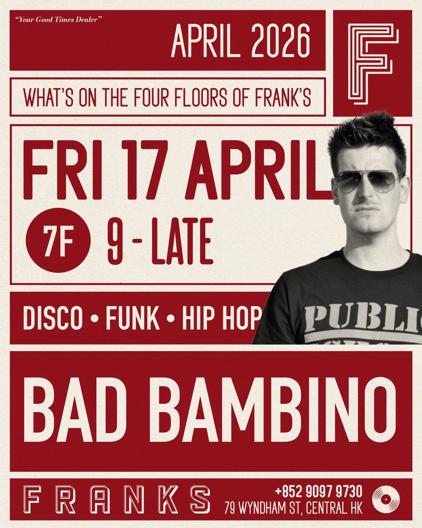Whats on at Franks this weekend⁠
⁠
Friday 7/F 9:00pm - Disco, Funk, Hip-Hop @bad.bambino⁠
Friday G/F 9:00pm - Classic Hip-Hop &amp; Party Tunes @djfu1⁠
⁠
Saturday G/F 12:30pm - Record Store Day Record Fair @djbrahms⁠
Saturday 7/F 9:00pm - Classic Hou