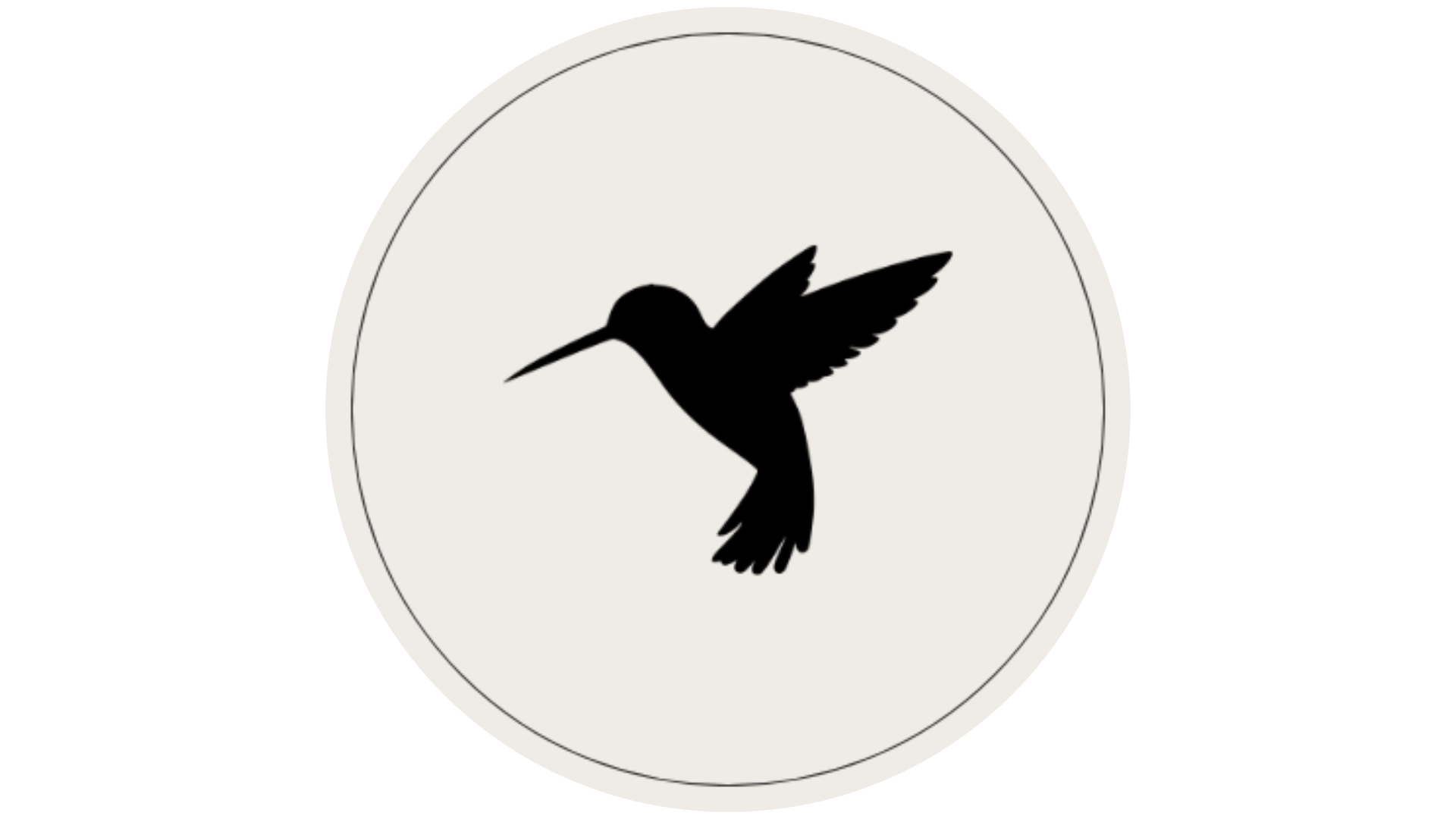 Silhouette of a hummingbird in flight inside a circular frame.