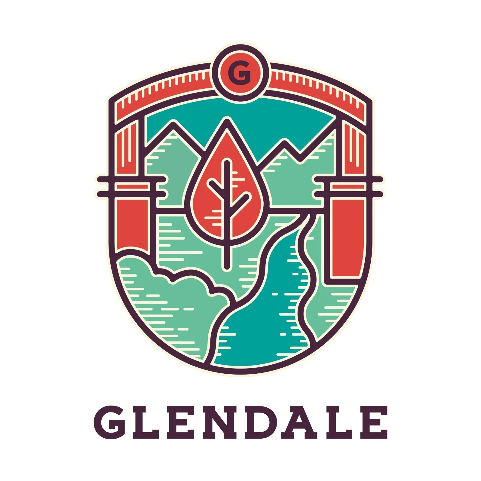 Stylized badge with a mountain, tree, and river, with the word Glendale written below.