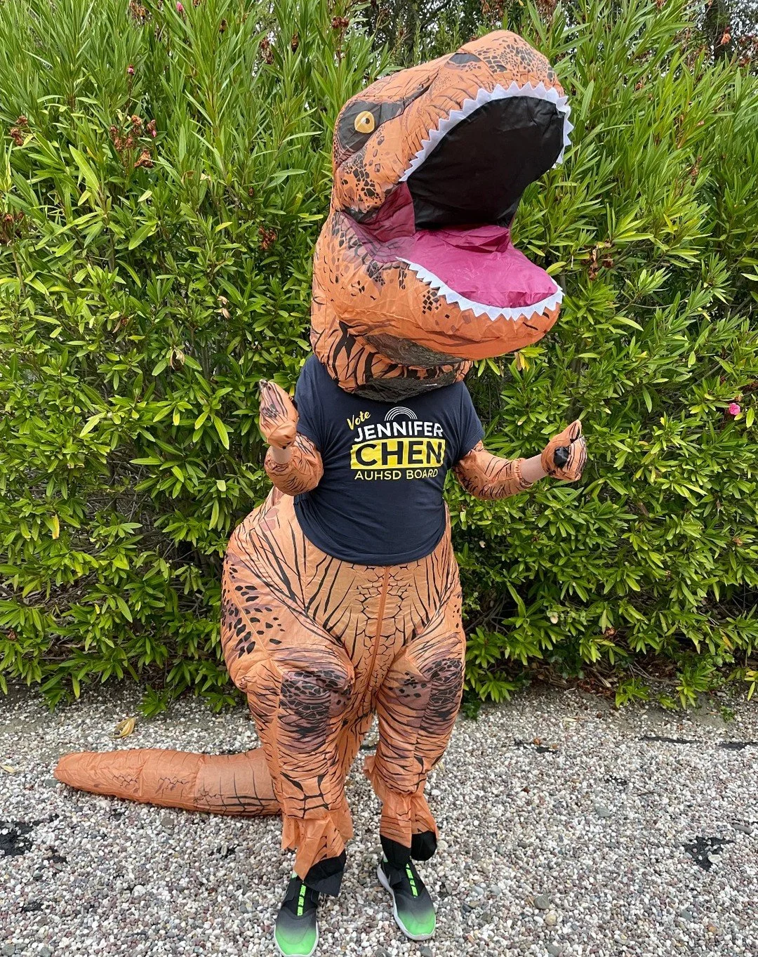 Person wearing a T-Rex costume with a campaign T-shirt that reads "Vote Jennifer Chen AUHSD Board" standing outside on gravel with green bushes in the background.
