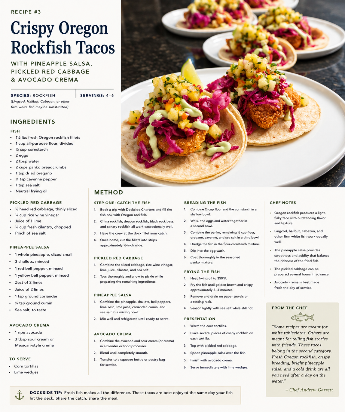Crispy Oregon Rockfish Tacos with Pineapple Salsa, Pickled Red Cabbage &amp; Avocado Crema