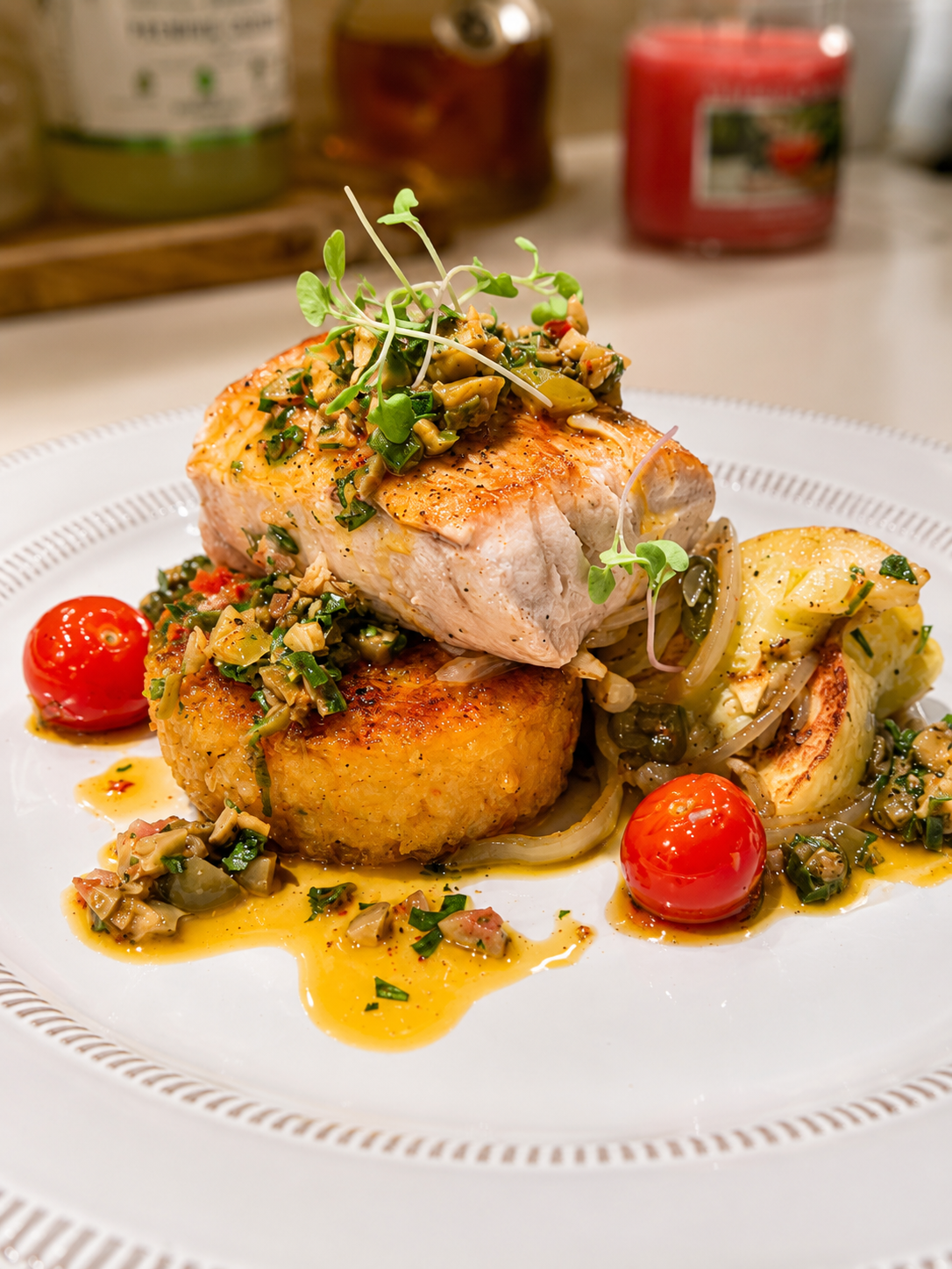 Pan-Roasted Oregon Halibut with Saffron Risotto Cake, Summer Squash &amp; Mediterranean Olive Relish