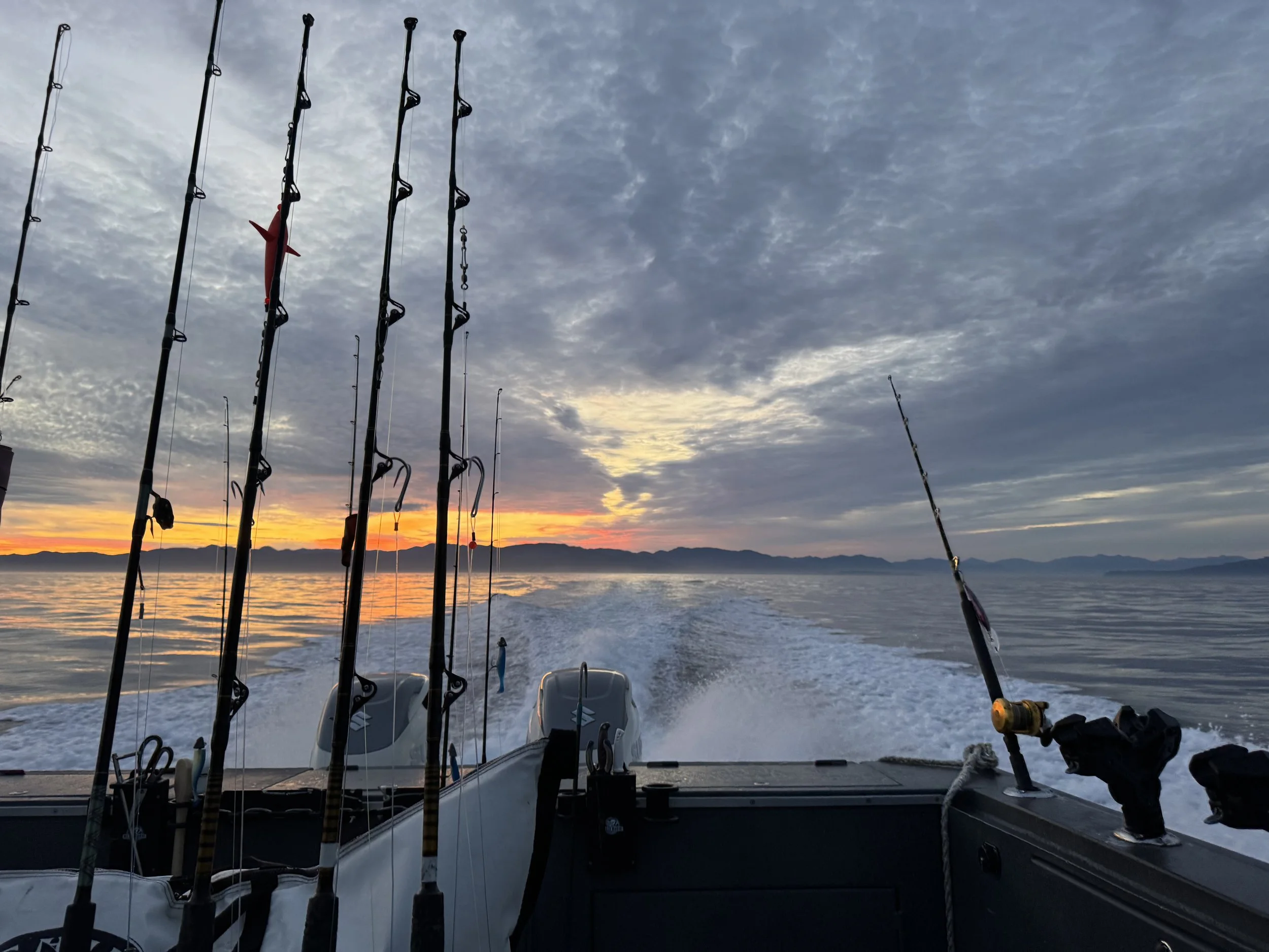 View from a boat at sunset with fishing rods secured on the boat's edge, calm water, and mountains in the distance under a partly cloudy sky.