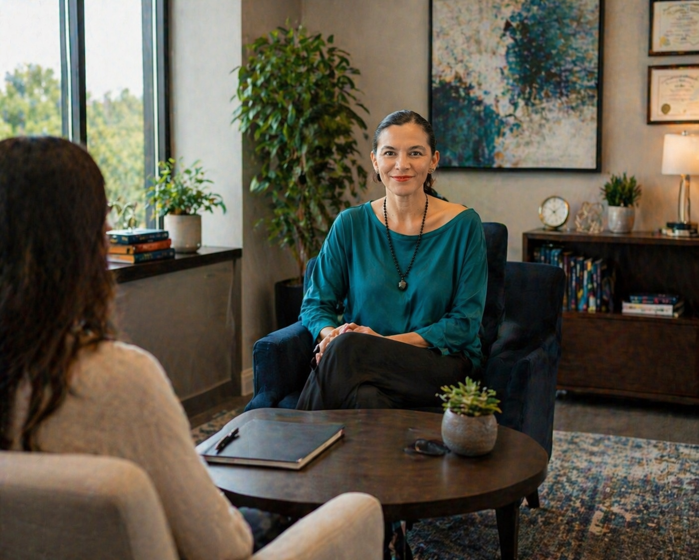 A woman with dark hair in a bun sits in a chair during a therapy or counseling session in a cozy office. She is wearing a teal blouse, a necklace, and black pants. She is smiling and looking at a person with brown curly hair, who is seated across a small round table with a notebook, pen, and a small potted plant on it.