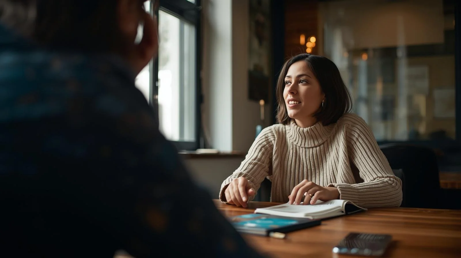 A woman in a beige sweater smiling and talking to a man across a wooden table in a cozy cafe or restaurant.