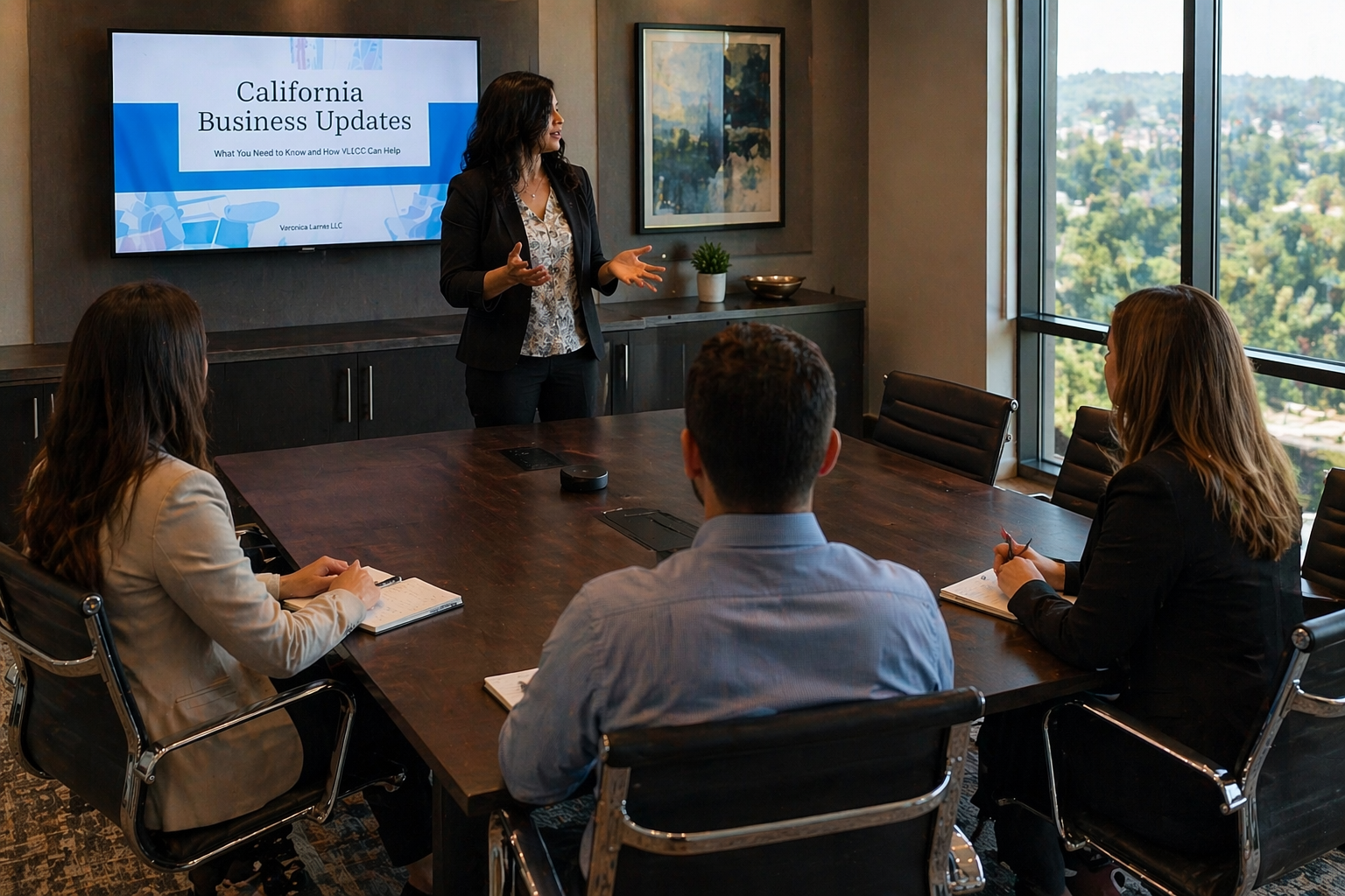 A woman giving a presentation to three colleagues in a conference room with large windows and a city view.
