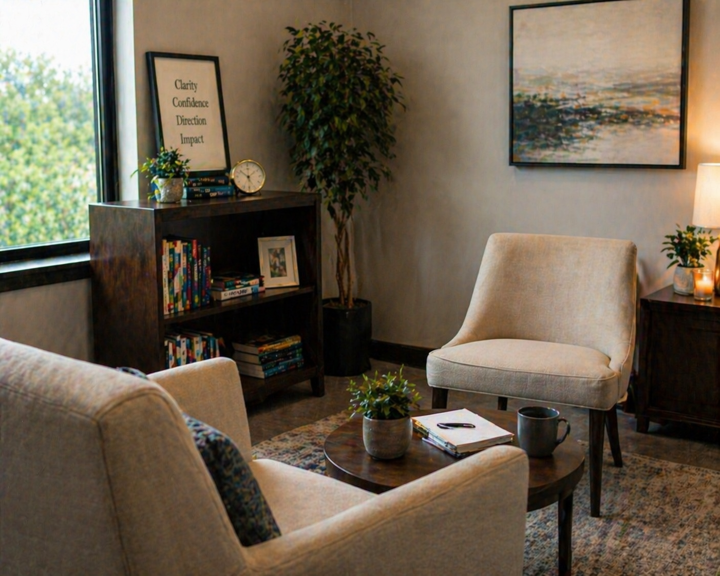 A cozy room with two beige armchairs, a coffee table with a potted plant, notebook, and coffee mug, a bookshelf with books and a framed photo, a window with a view of trees, a large wall art, a side table with a lamp, candles and a small plant, and muted wall colors.