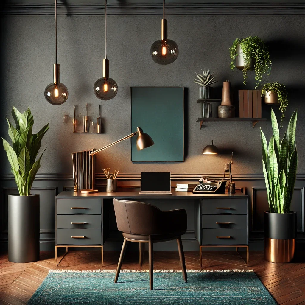 Modern home office with dark gray walls, black desk, black chair, green plants, gold accents, and pendant lights.