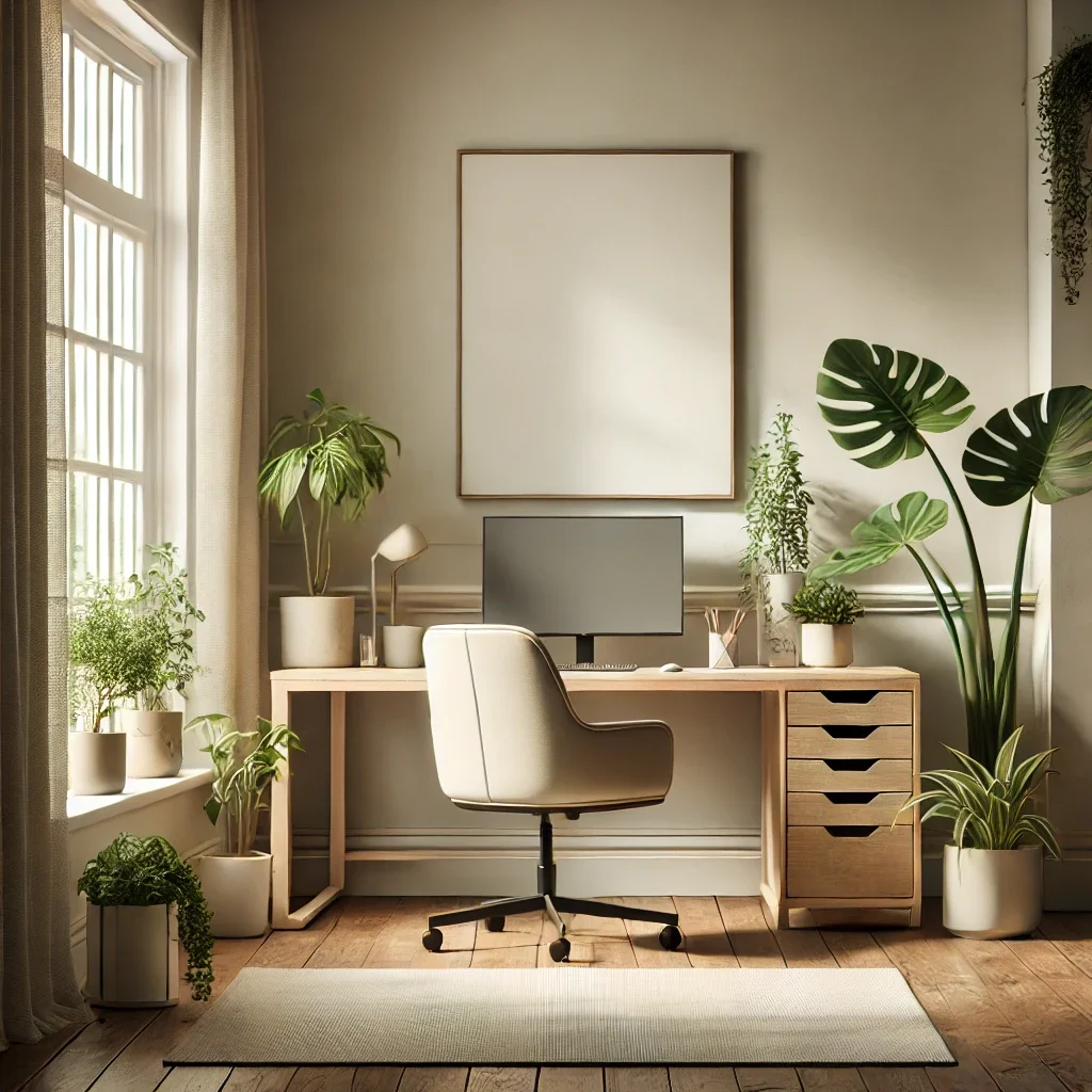 home office desk with plants
