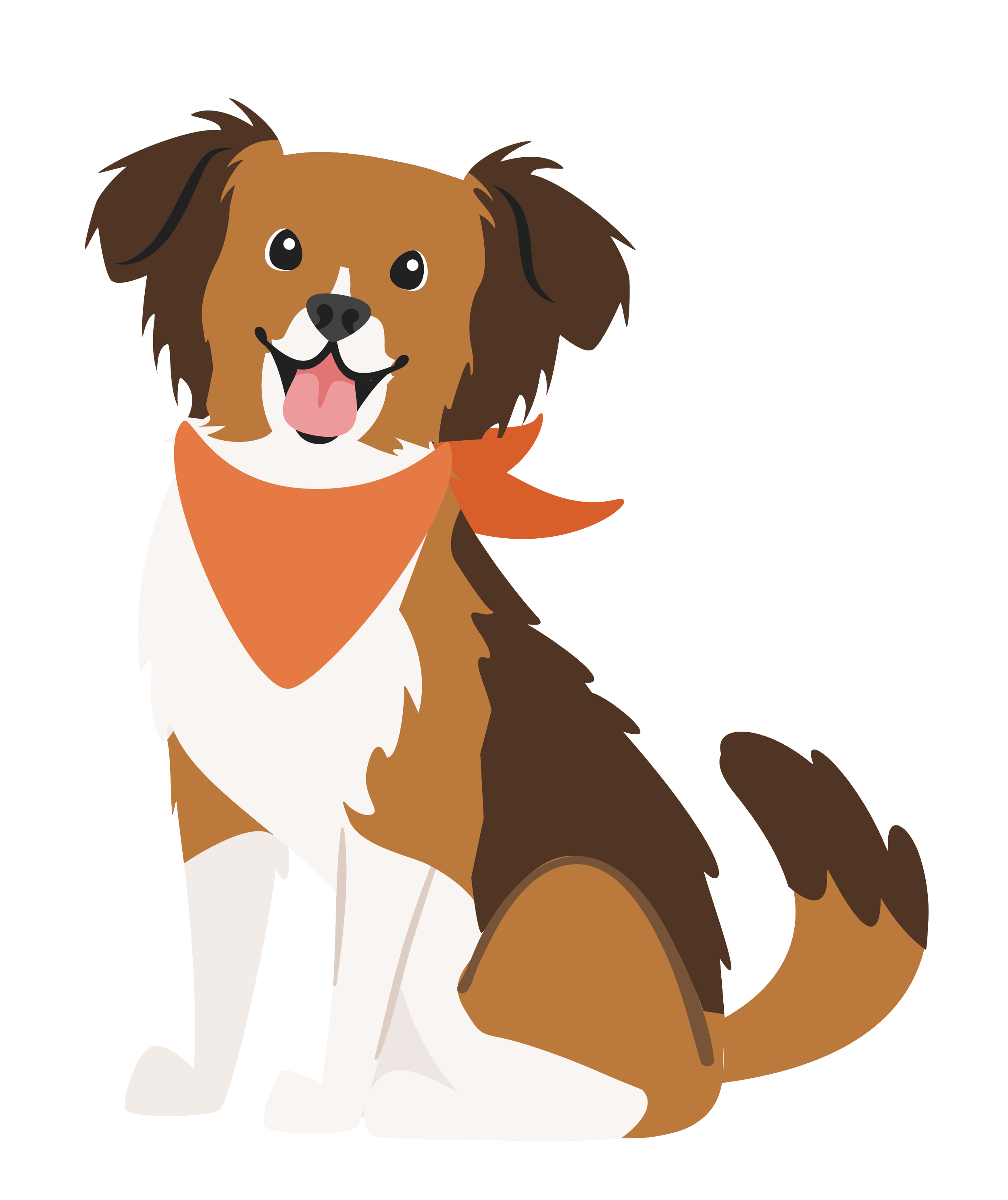 A cartoon illustration of a happy dog with brown and white fur, large shiny eyes, and an open mouth showing its tongue. The dog has floppy ears and is standing on a white background.