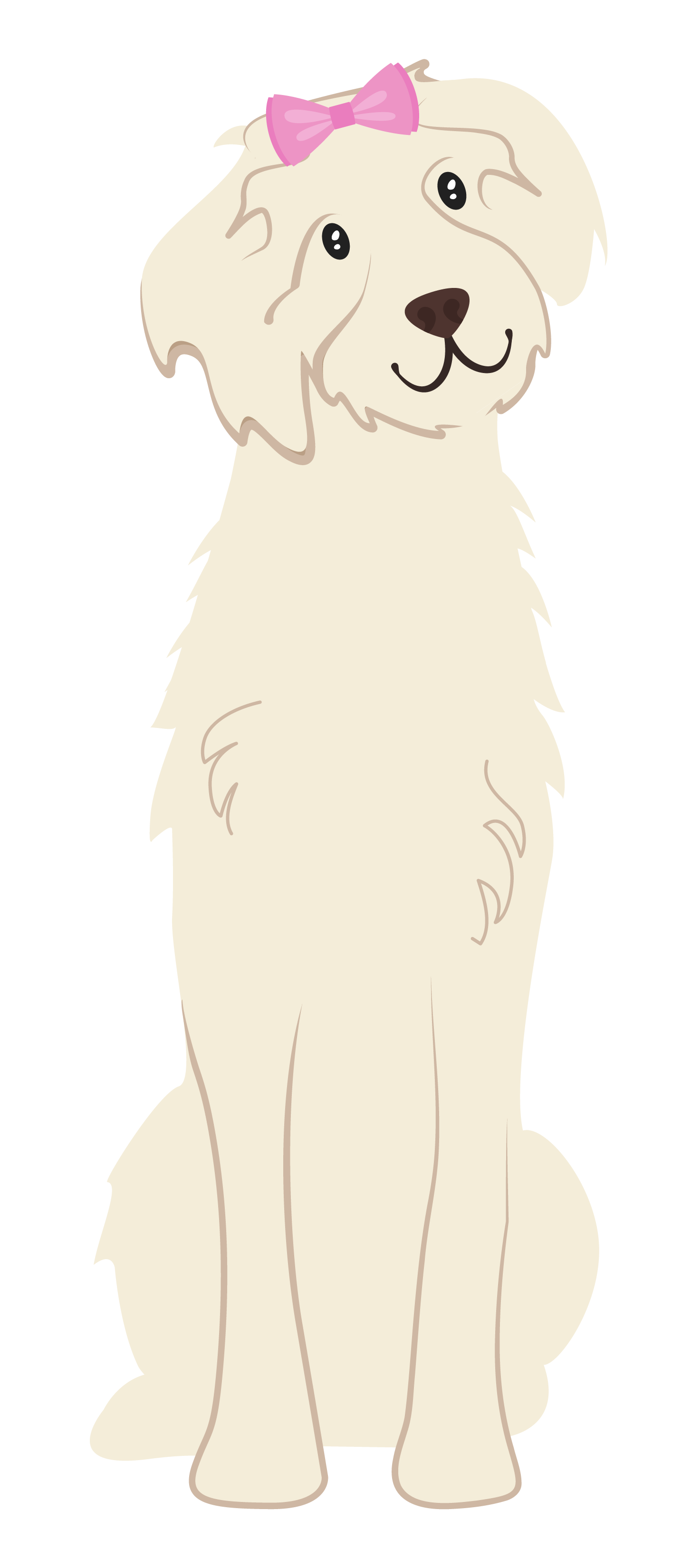 Cartoon illustration of a white fluffy dog with a pink bow on its head, sitting facing forward, with big black eyes and a friendly smile.
