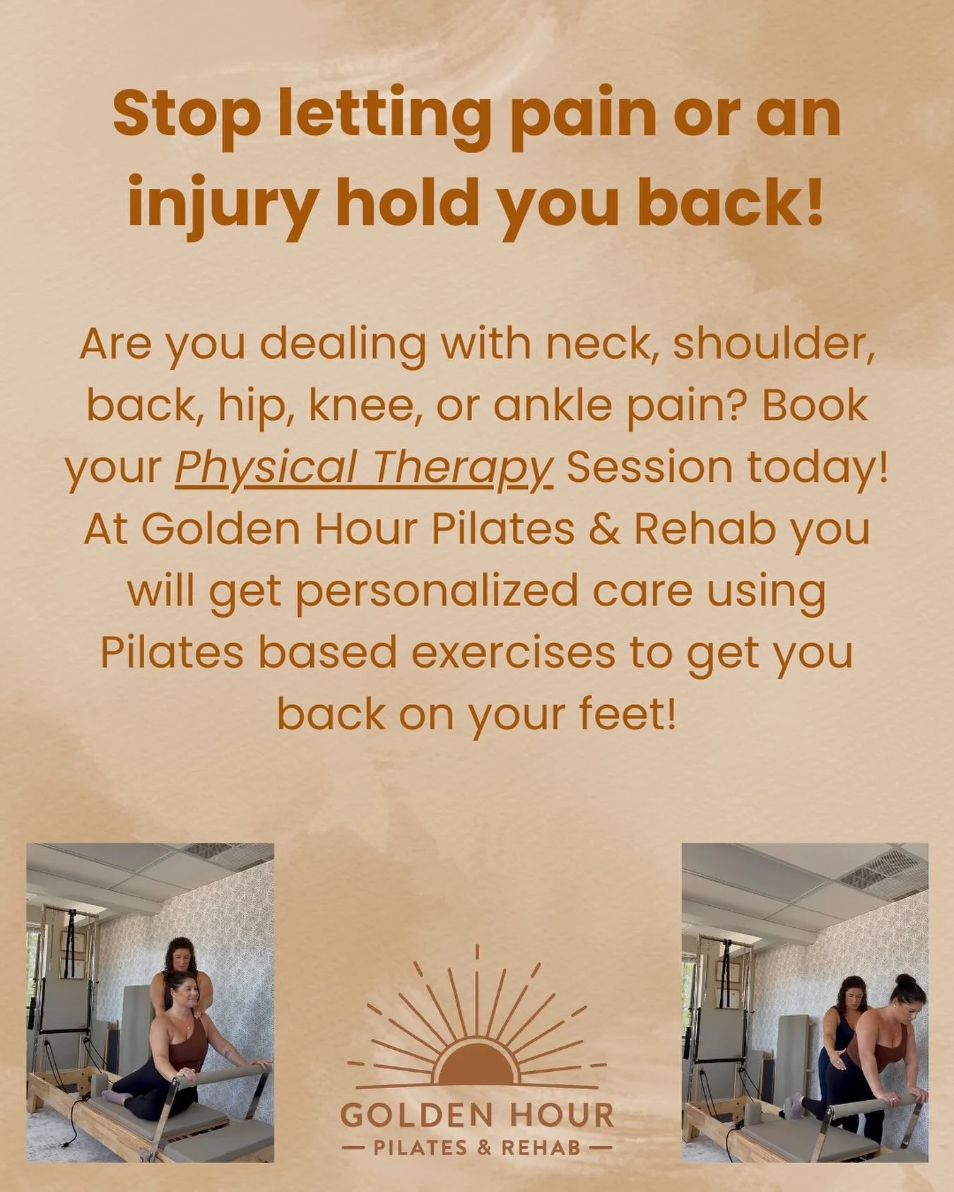 Don&rsquo;t let pain slow you down! 🌟 Book your session at Golden Hour Pilates &amp; Rehab and get personalized PT with Pilates-based exercises to move better and feel stronger. 💫

#GoldenHourPilatesandRehab #Pilates #ReformerPilates #PortsmouthNH 