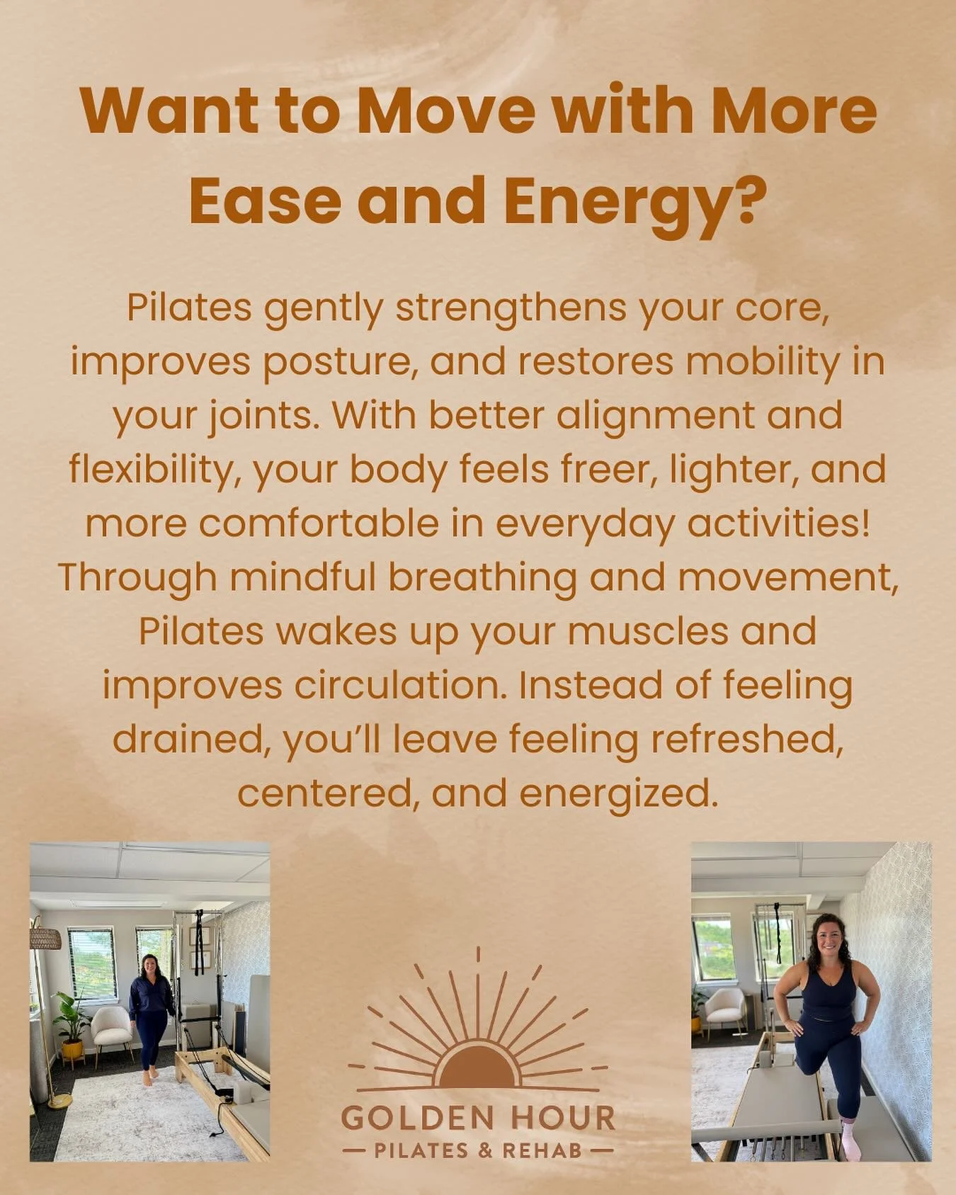 Did you know Pilates can help you move with more ease and feel more energized? 🌟
Here&rsquo;s how:
🔹 Improves mobility &ndash; gentle, targeted exercises restore freedom of movement in stiff joints.
🔹 Builds core support &ndash; better posture mea