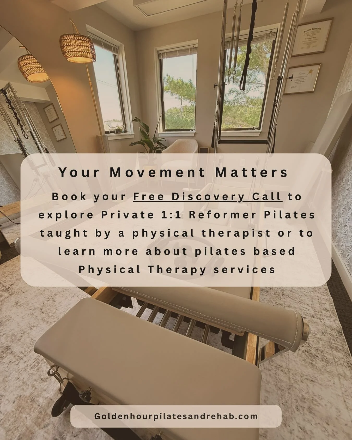 ✨ Move better, feel stronger ✨
Book a free Discovery Call to discuss Private 1:1 Reformer Pilates guided by a licensed physical therapist or Pilates based physical therapy services! 
Commit to personalized sessions to help you restore balance, build 