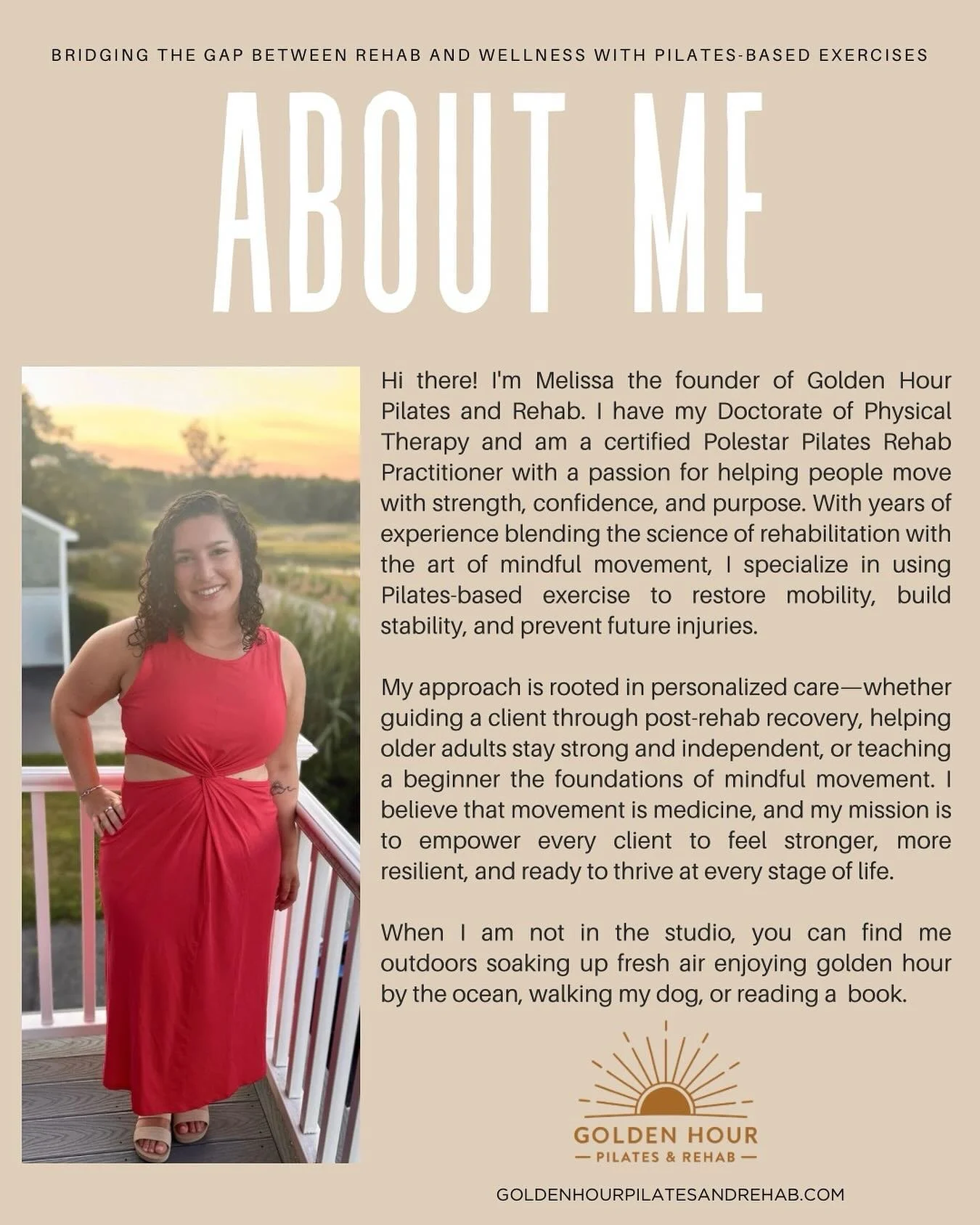 ✨ Hi, I&rsquo;m Melissa&mdash; Physical Therapist, Pilates pracititioner, and founder of Golden Hour Pilates &amp; Rehab! Here to help you build strength, prevent injury, and move with more ease and confidence 🌿 Now accepting new clients&mdash;sched