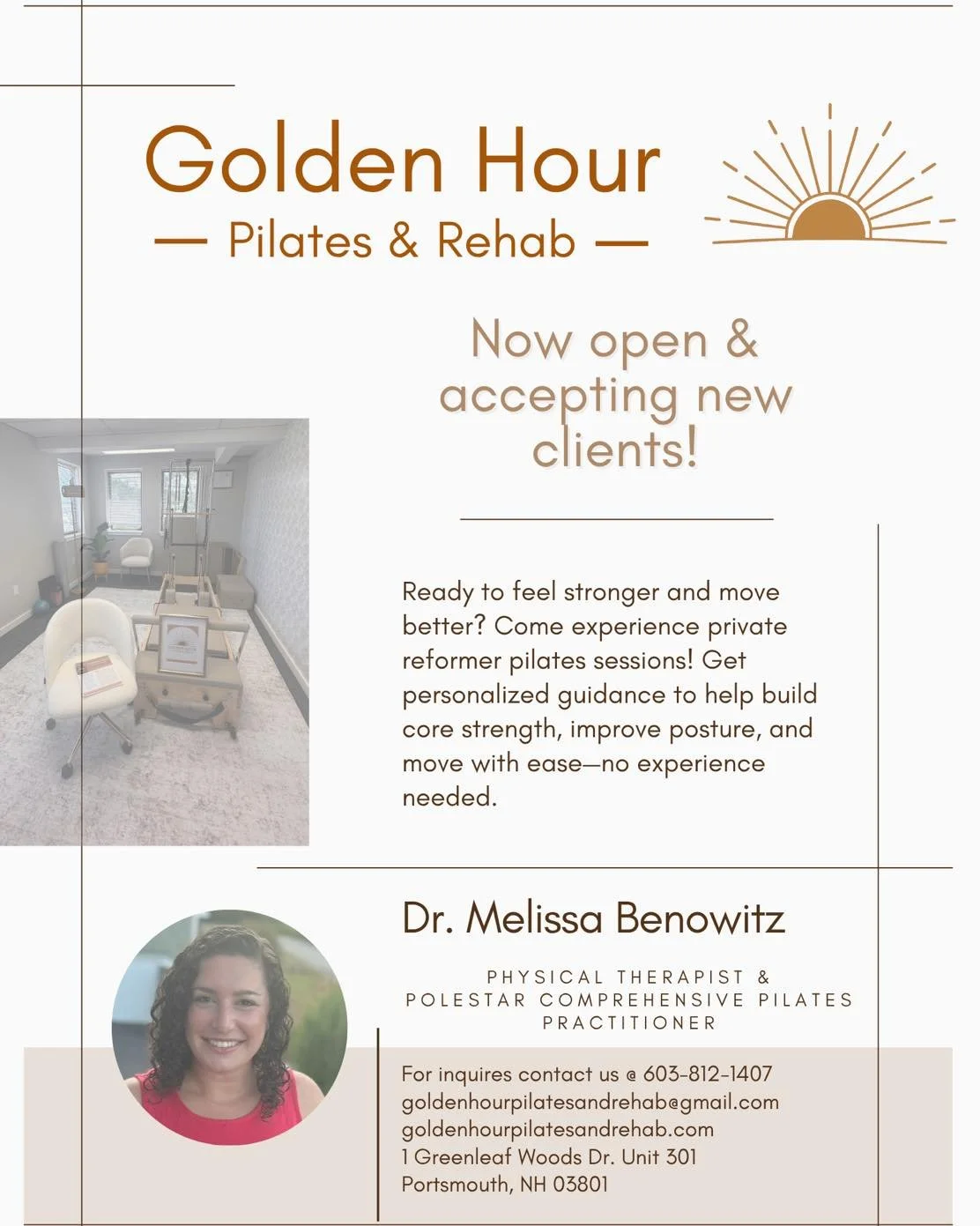 🌅 Now Open &amp; Accepting Clients! 🌿
Golden Hour Pilates &amp; Rehab in Portsmouth, NH is officially open and ready to support you on your journey to move better, feel stronger, and take care of your well-being &mdash; one session at a time.

Whet