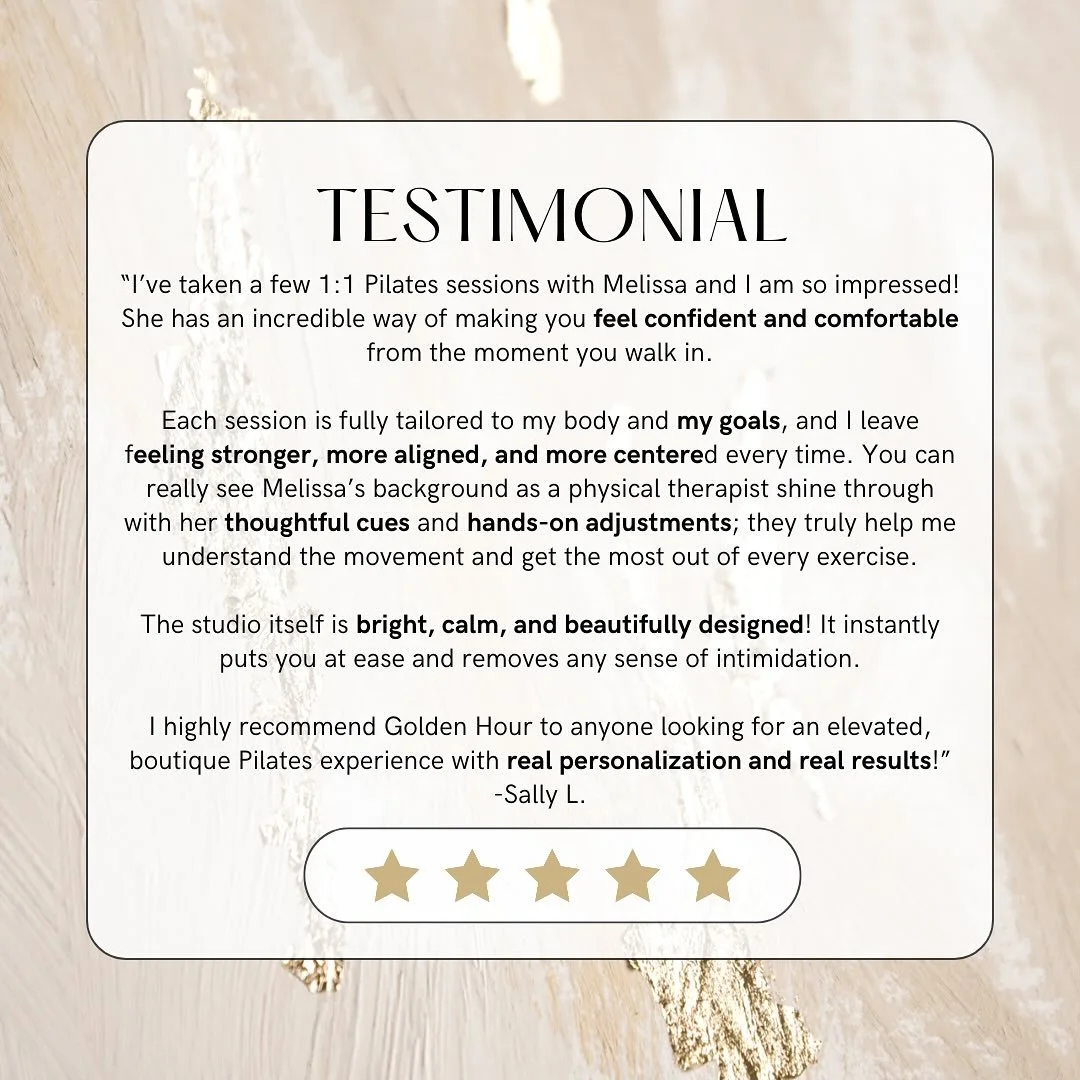 Testimonials like this speak to the power of Pilates when it&rsquo;s guided through a physical therapy lens. ✨ Thank you, Sally, for your kind review. 

At Golden Hour, every Pilates session is tailored to your body, your goals, and your rehab needs&
