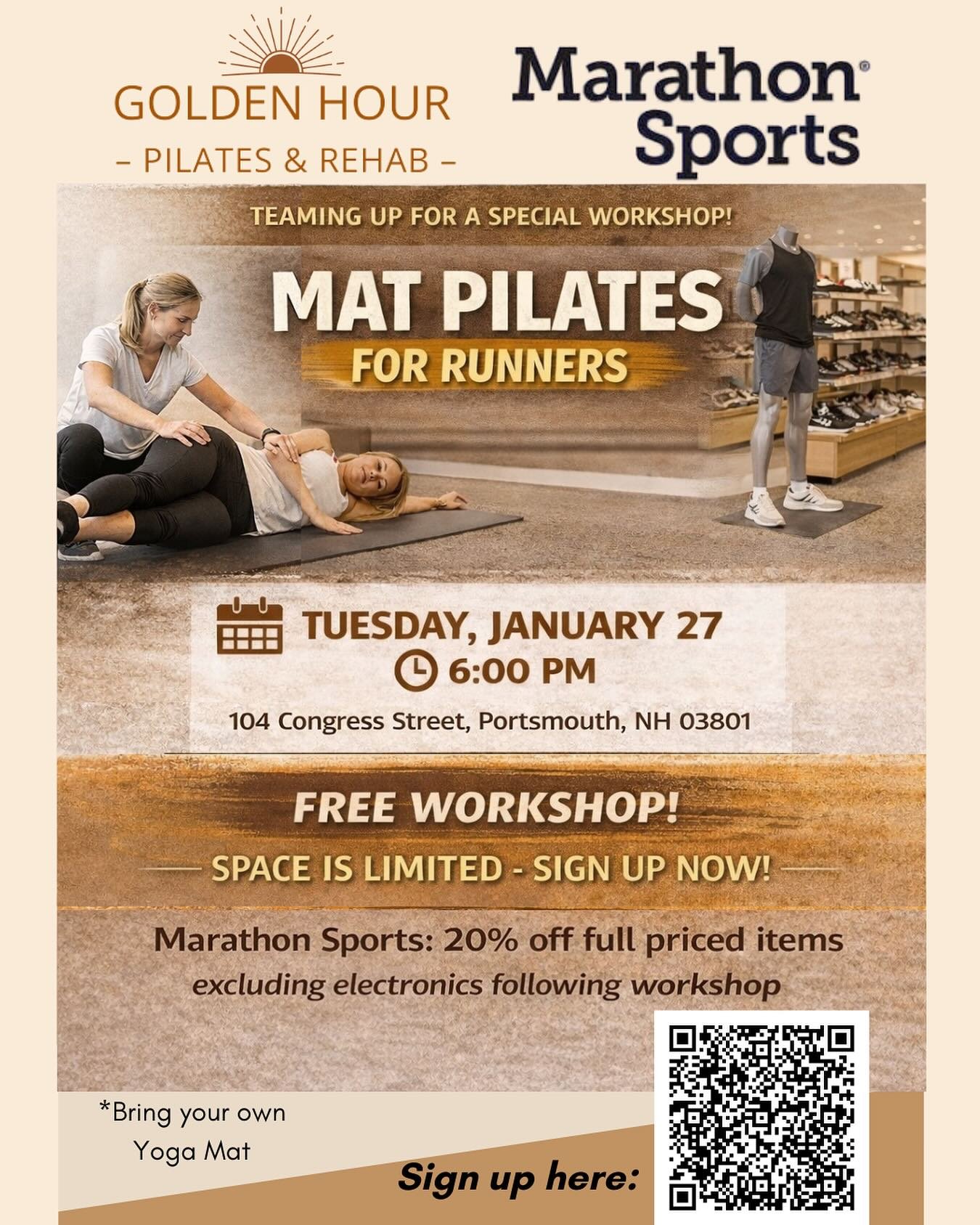 We&rsquo;re teaming up with Marathon Sports for a Mat Pilates class for runners ✨

This workshop is all about building strength, mobility, and control to support your running&mdash; Learn how Pilates can help you move better, feel stronger, and stay 