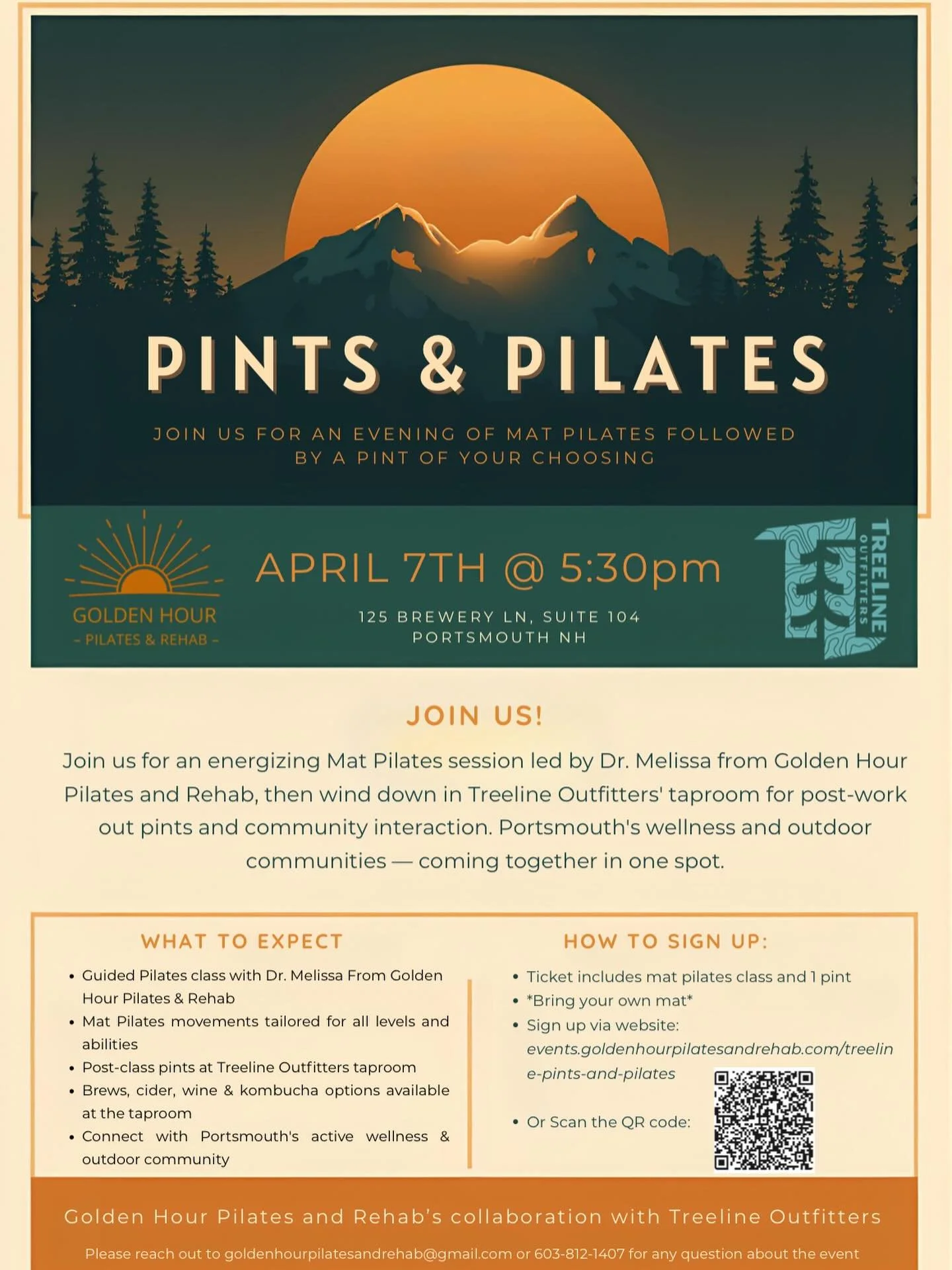 Roll out your mat, then pull up a stool 🧘&zwj;♀️🍺 

Join us for Pints &amp; Pilates on April 7th @ 5:30pm &mdash; 

A mat Pilates class led by Dr. Melissa from @goldenhourpilatesandrehab followed by a pint of your choosing from @treeline_outfitters