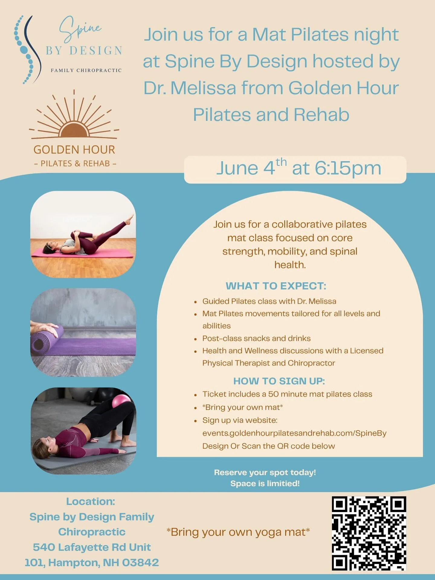 Join us for a night of mat Pilates in collaboration with Spine By Design Family Chiropractic, this guided mat Pilates class is designed for all levels and abilities! ✨

What to expect: 💫 50-minute guided mat Pilates class 💫 Movements tailored for a