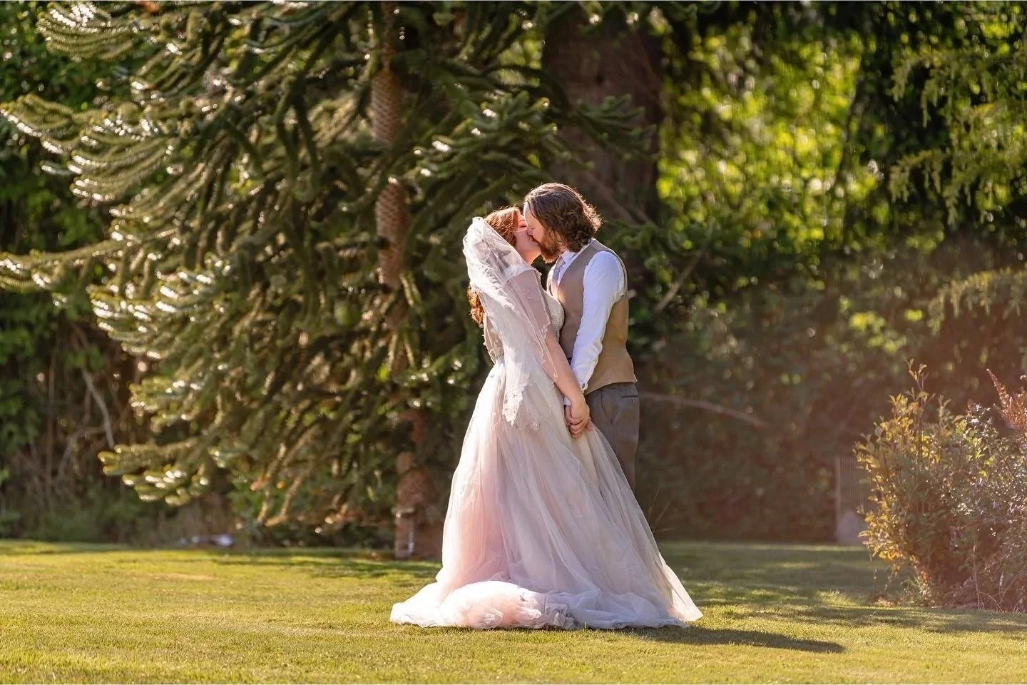A bride and groom sharing a kiss outdoors on their wedding day, with lush greenery and a large tree in the background.