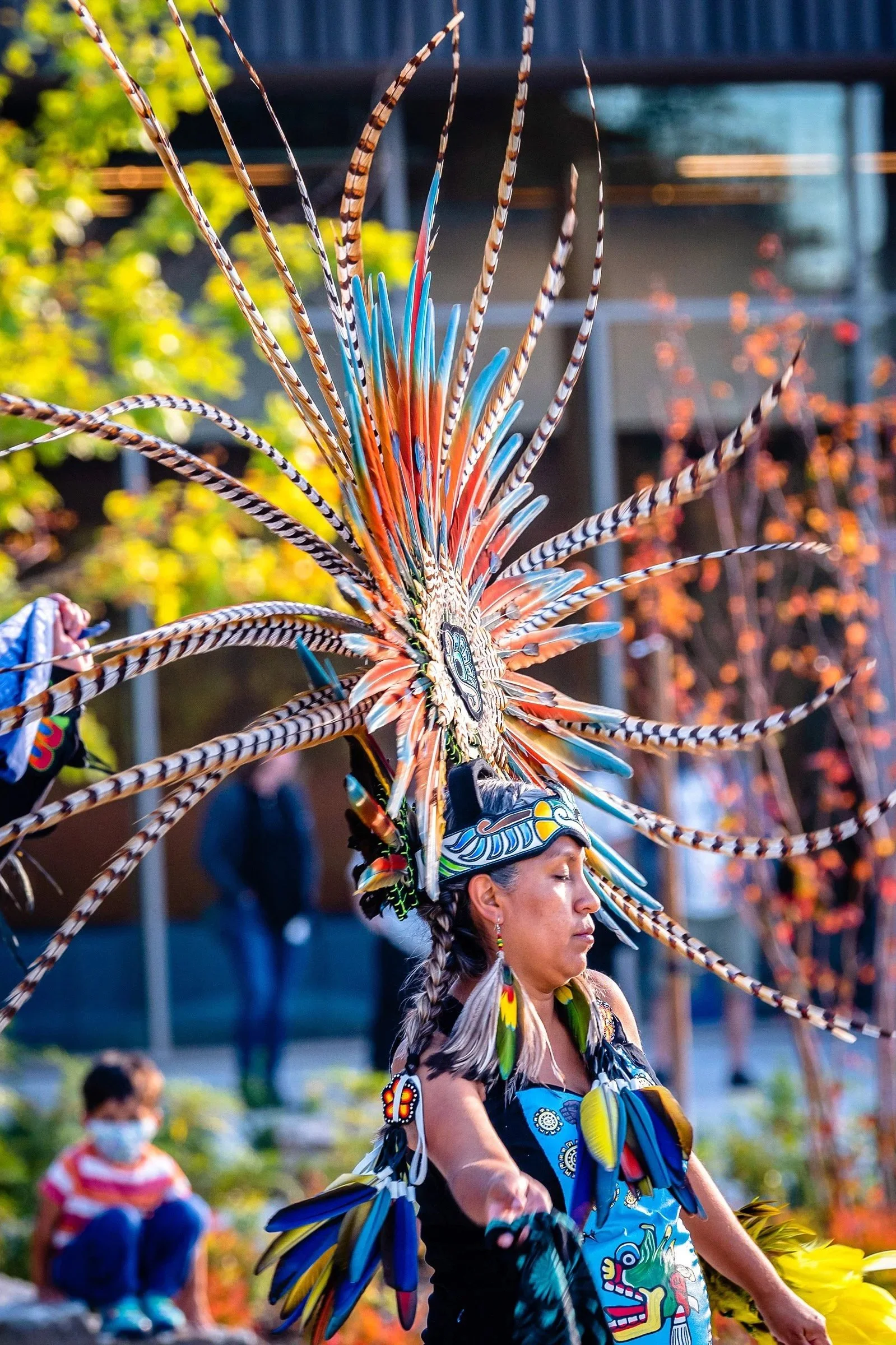 A woman dressed in traditional indigenous attire wearing a feathered headdress with long, colorful feathers during a cultural celebration.