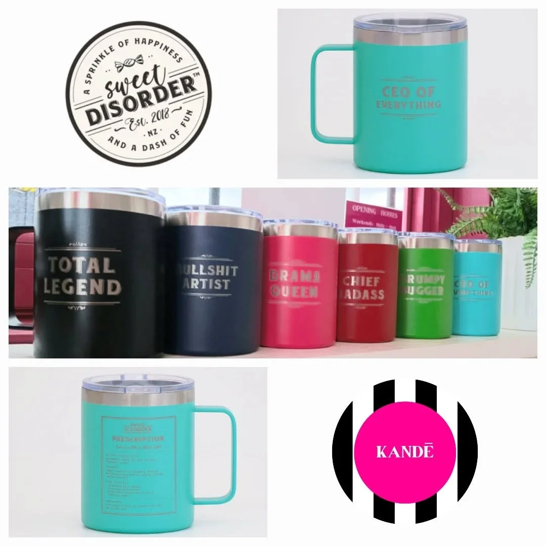 Give the gift of sweet sass with @sweetdisordernz high quality 12oz laser etched insulated mug this Christmas! 
Liquid KANDĒ stocking stuffer! 🍹

Available at KANDĒ
POP-UP Kandē Kart 🩷
Māpua Wharf