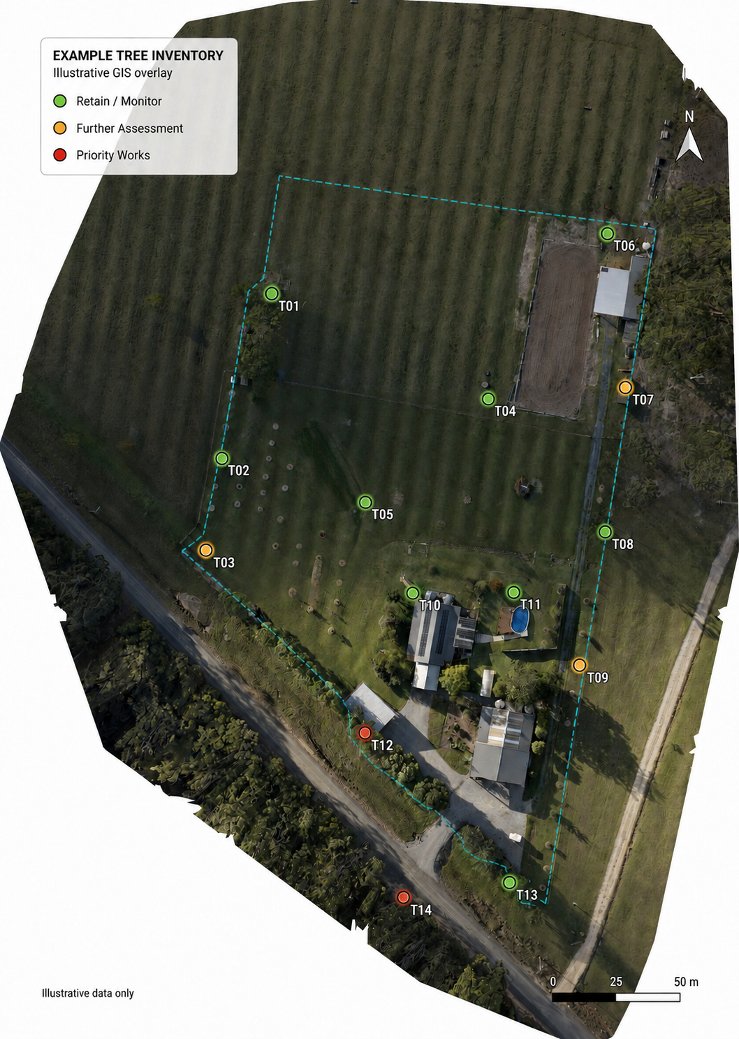 Illustrative GIS tree inventory overlaid on a Thrive Arbor drone orthomosaic.