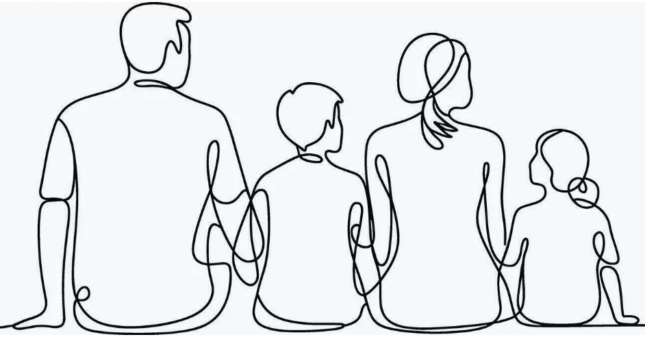 Line drawing of four people, possibly a family, sitting together and holding hands.