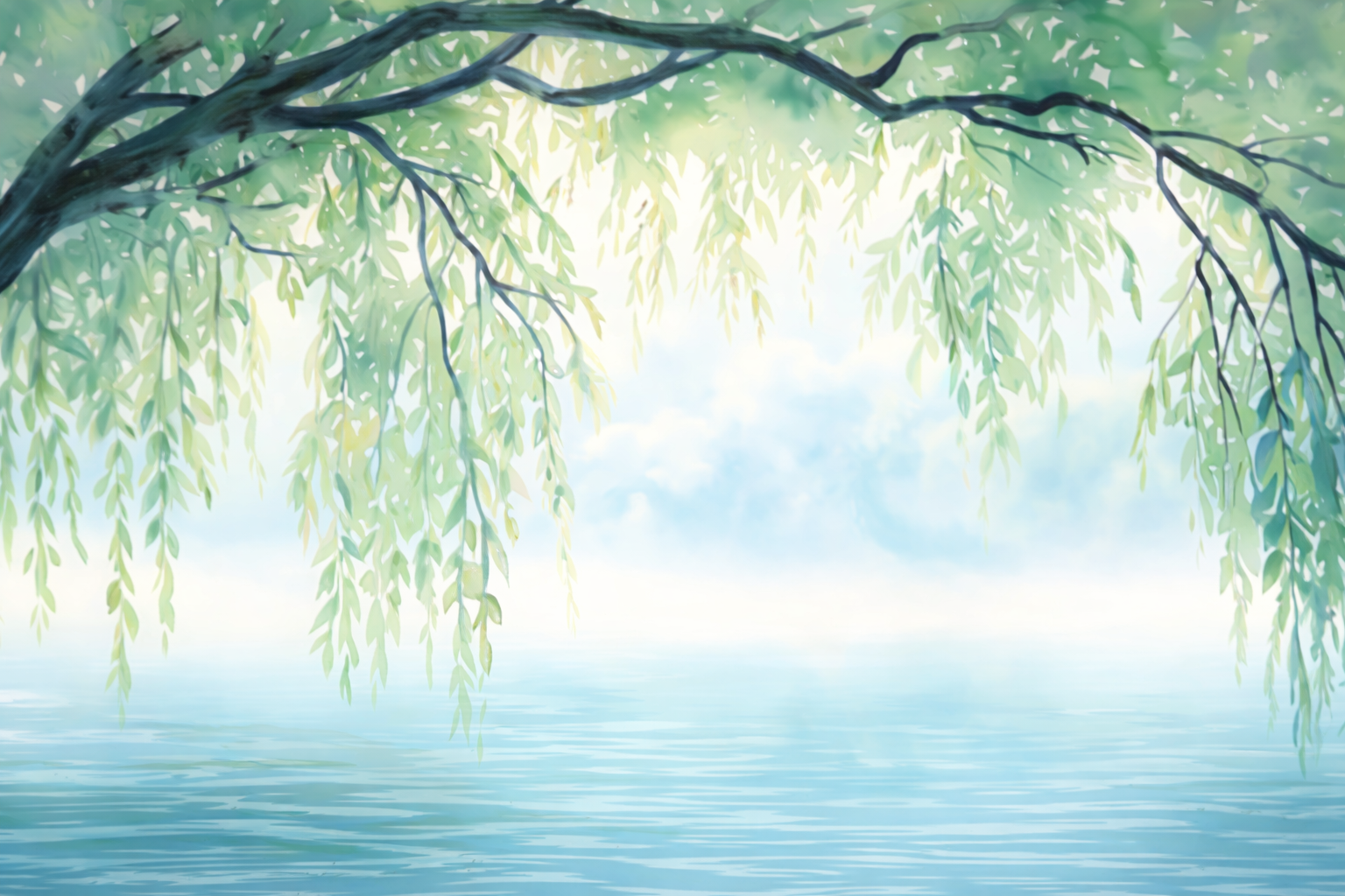 Waterfront scene with overhanging leafy branches from a tree, calm water, and cloudy sky in the background.