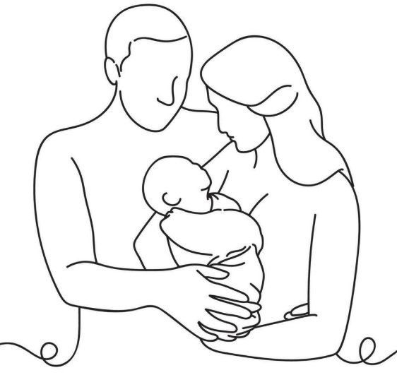 Line drawing of a family holding their newborn baby, with a man and woman looking lovingly at the infant.