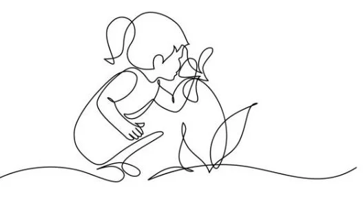 A line drawing of a girl leaning over a table, looking at a small plant or flower.