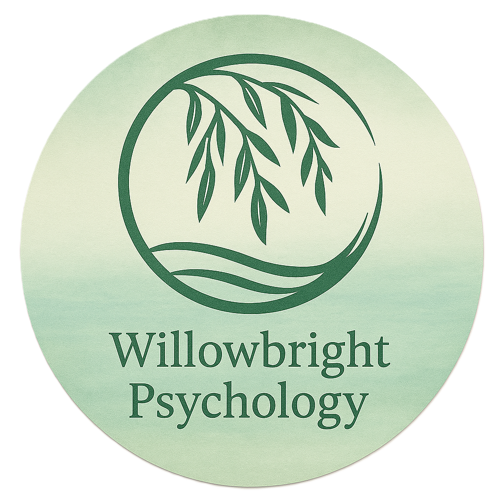 Logo for Willowbright Psychology featuring a circular design with a tree branch and leaves and the text 'Willowbright Psychology'.