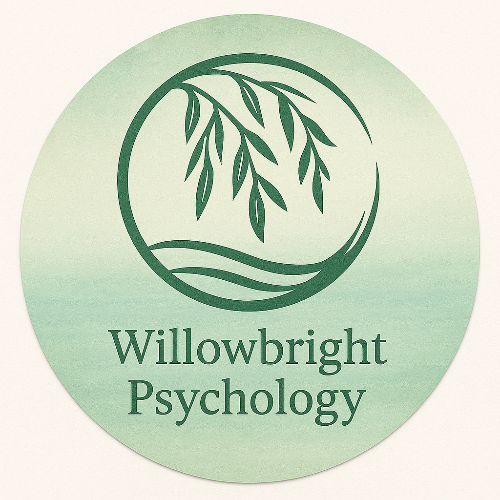 Logo for Willowbright Psychology featuring a stylized willow tree with elongated leaves inside a circle and the text 'Willowbright Psychology' below.