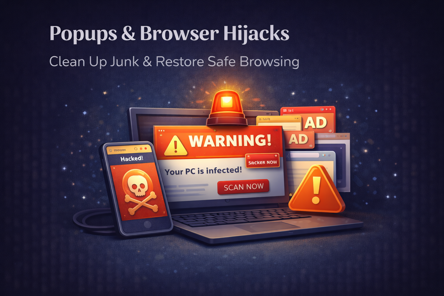 Browser hijack and popup removal illustration with warning alerts and unsafe website indicators