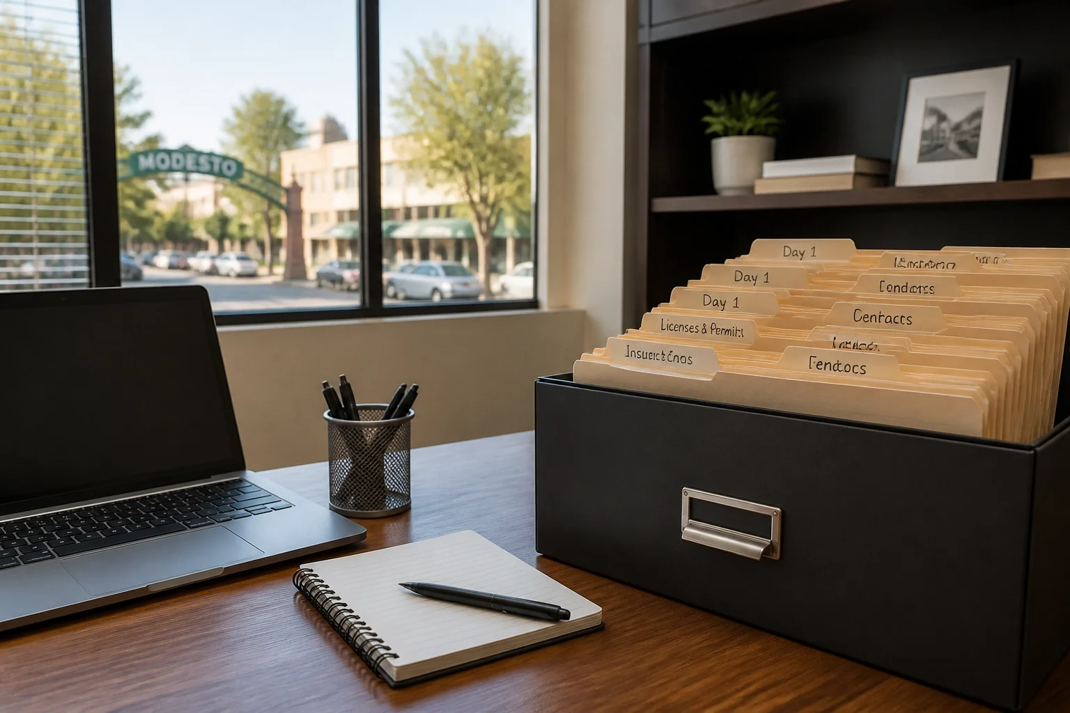 A clean Modesto business workspace demonstrating organized file management and OneDrive setup.