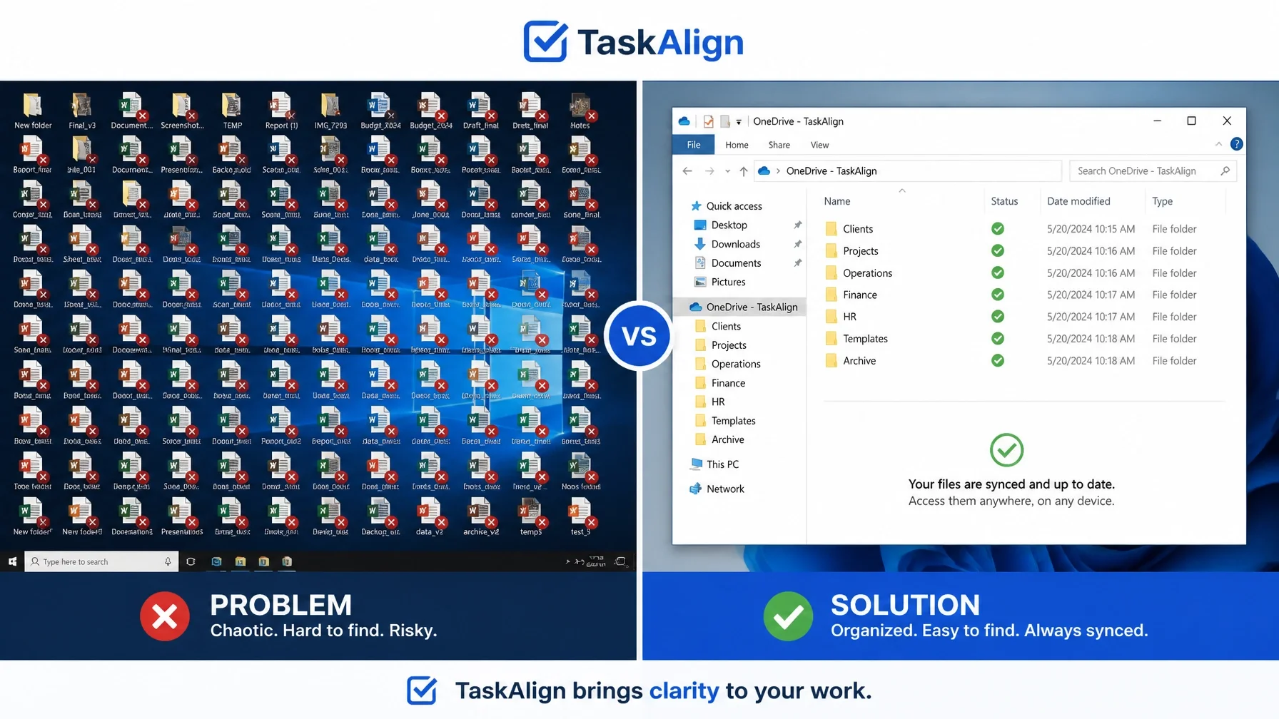 A comparison between a chaotic, error-ridden desktop and an organized, synced OneDrive file explorer.