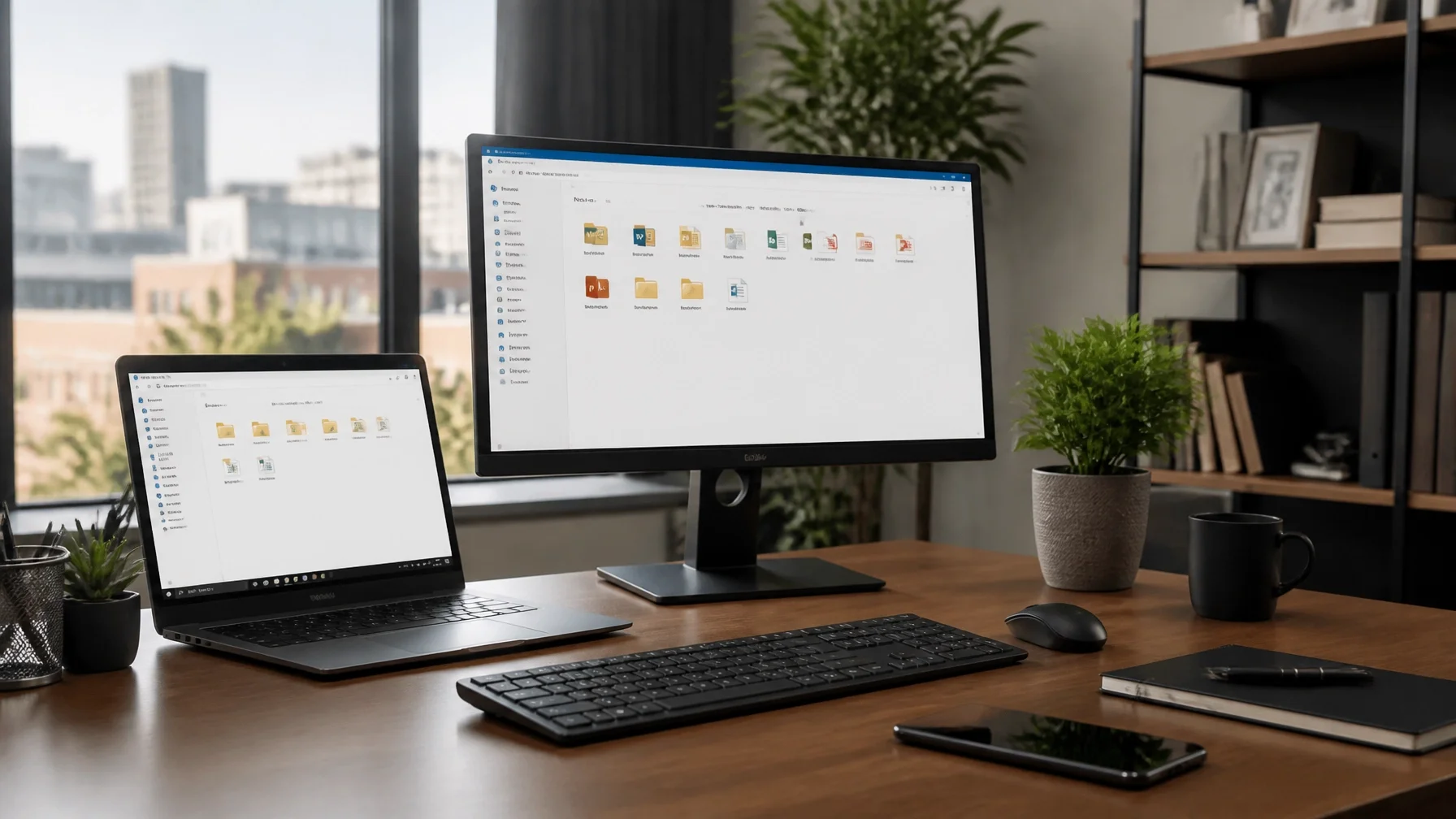An organized Microsoft 365 business environment showing synced files and secure folders, managed by Stockton IT services.