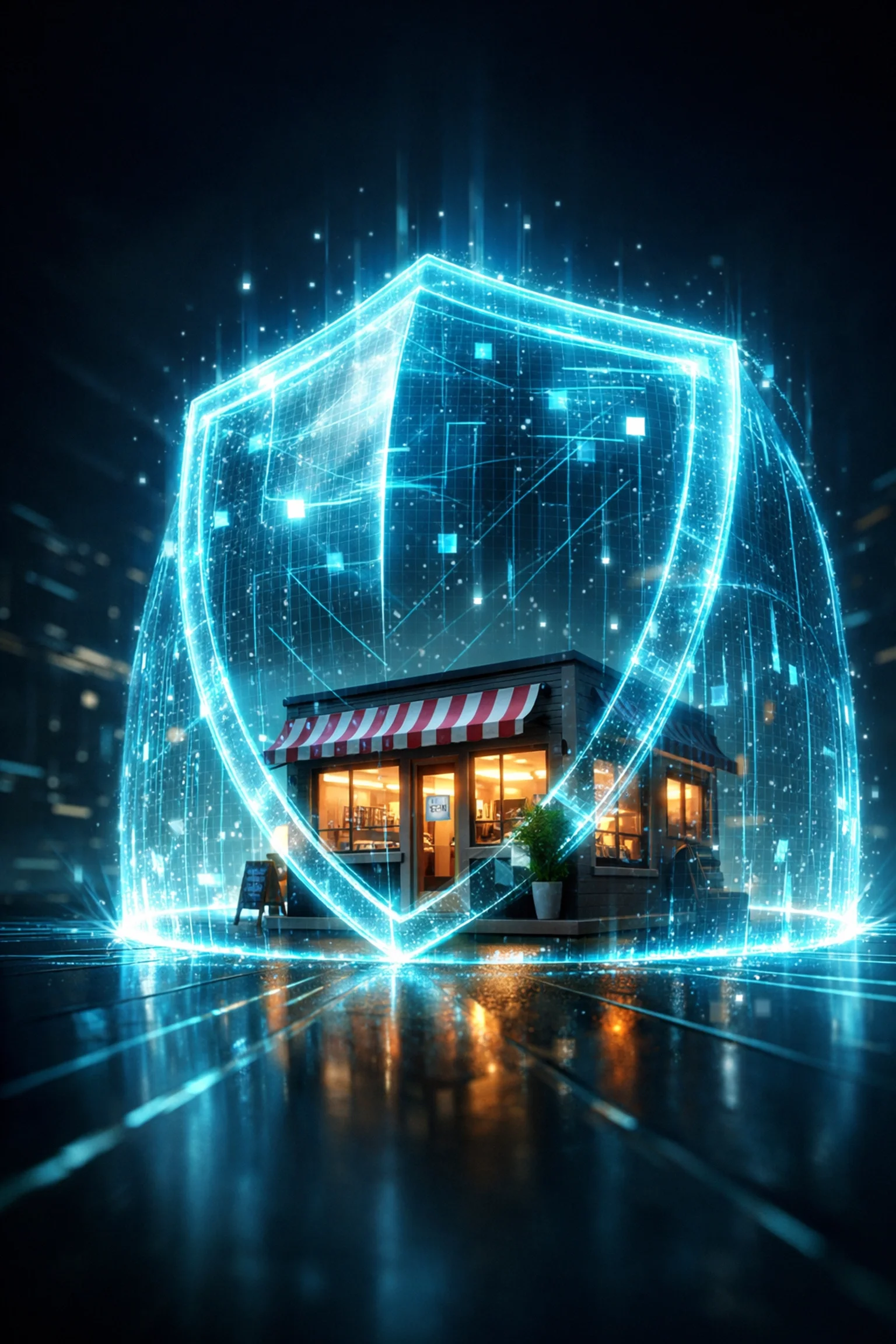 A digital security shield illustrating cybersecurity protection for small businesses in Modesto.